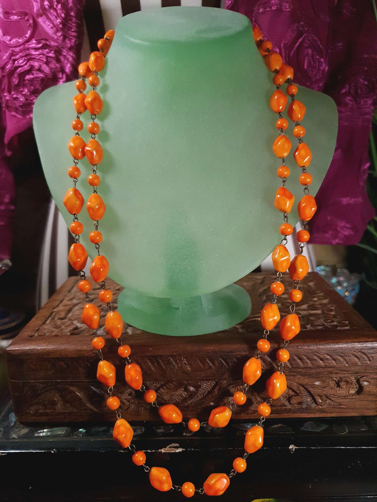 Vintage 1950s Necklace 25" Orange Ceramic Beads Two Tier West Germany