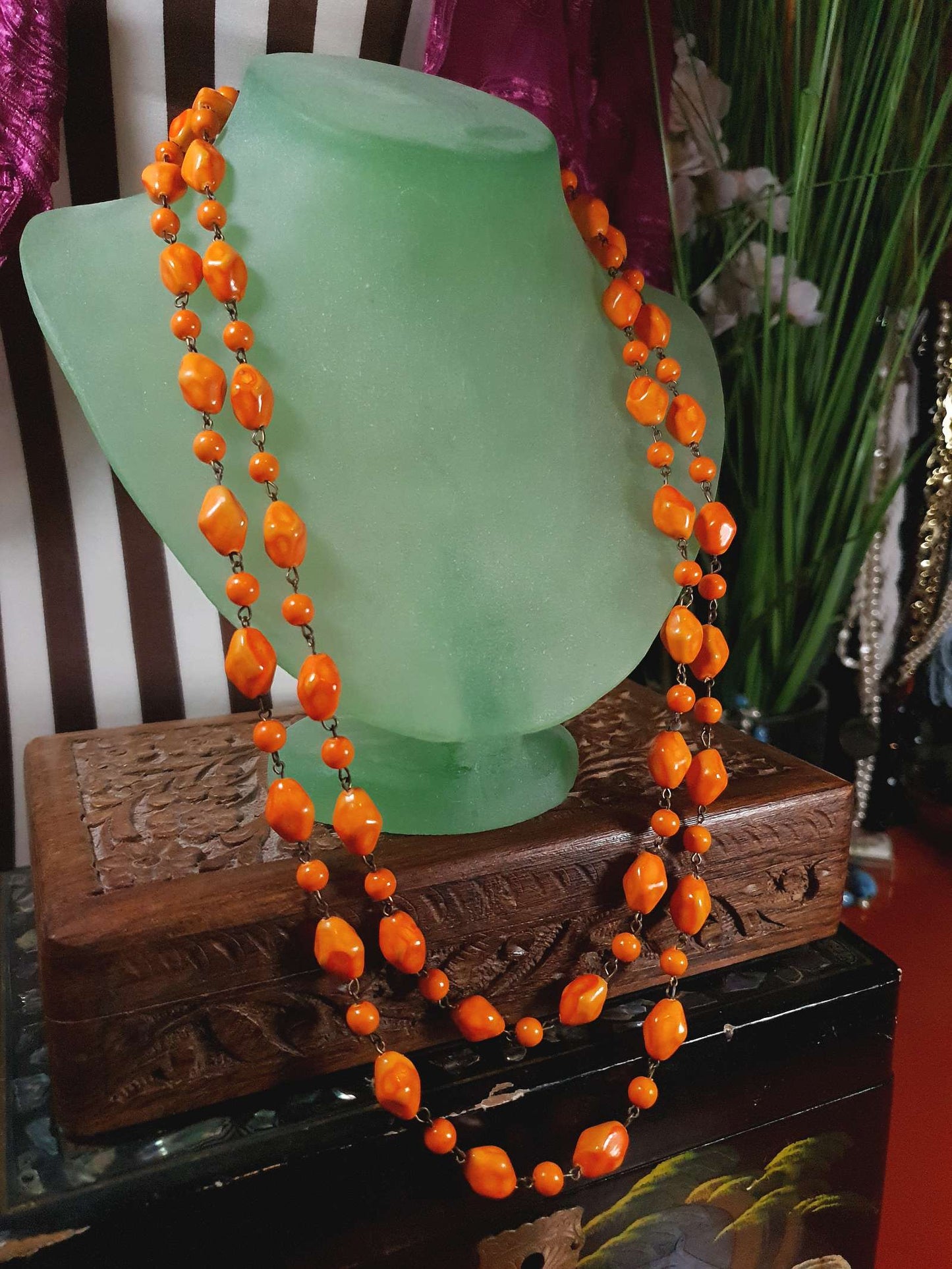Vintage 1950s Necklace 25" Orange Ceramic Beads Two Tier West Germany
