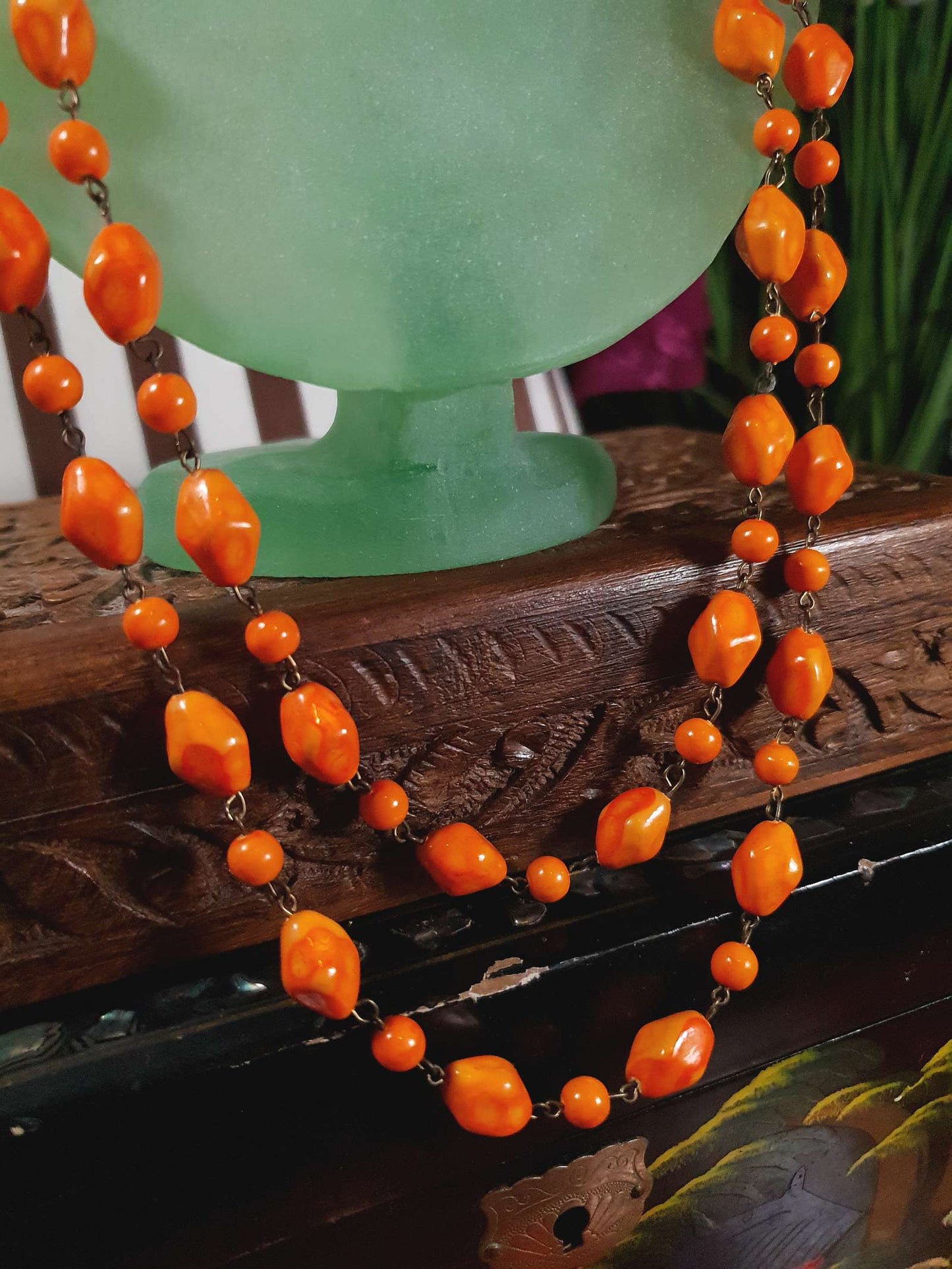 Vintage 1950s Necklace 25" Orange Ceramic Beads Two Tier West Germany