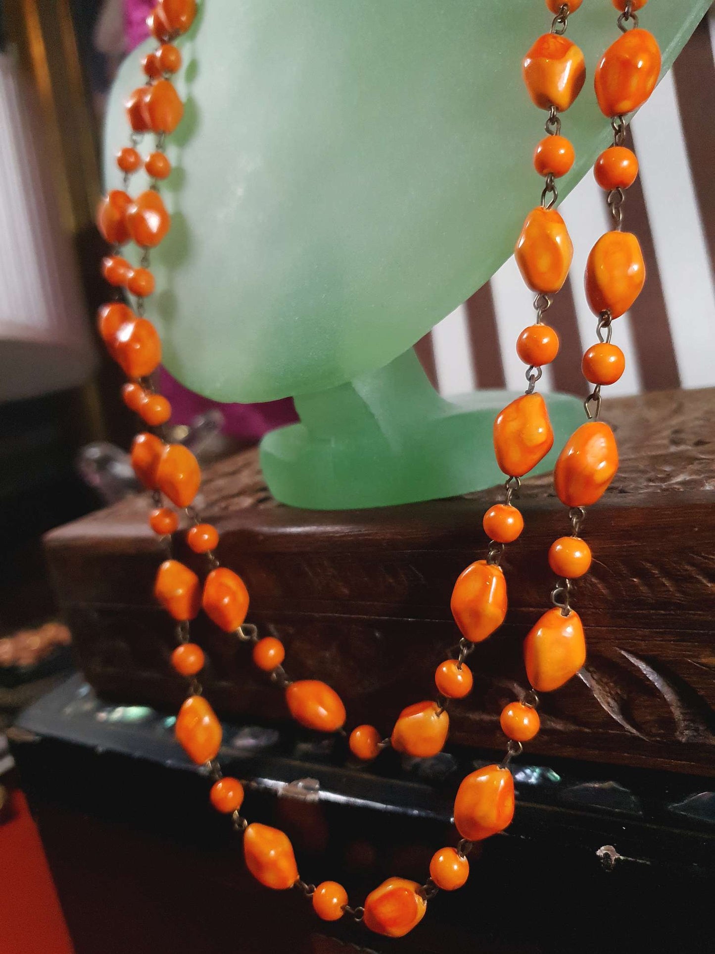 Vintage 1950s Necklace 25" Orange Ceramic Beads Two Tier West Germany