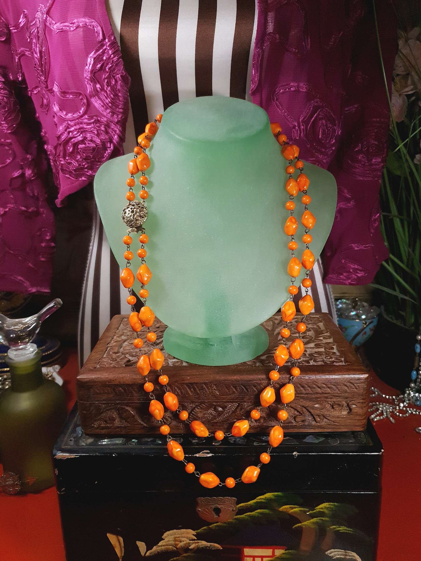 Vintage 1950s Necklace 25" Orange Ceramic Beads Two Tier West Germany