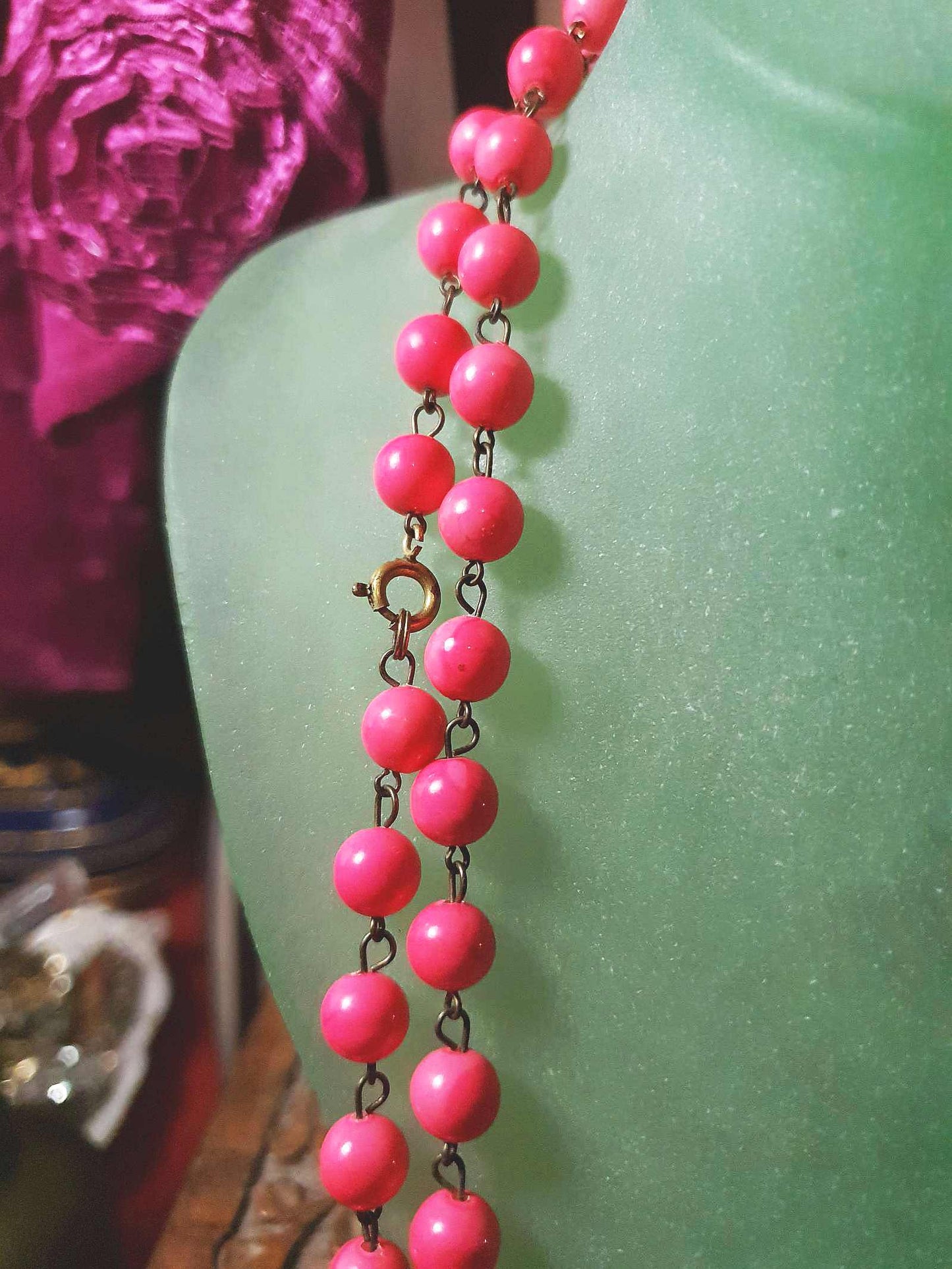 Vintage 1950s Pink Ceramic Bead Necklace 54" Longline Mid-Century