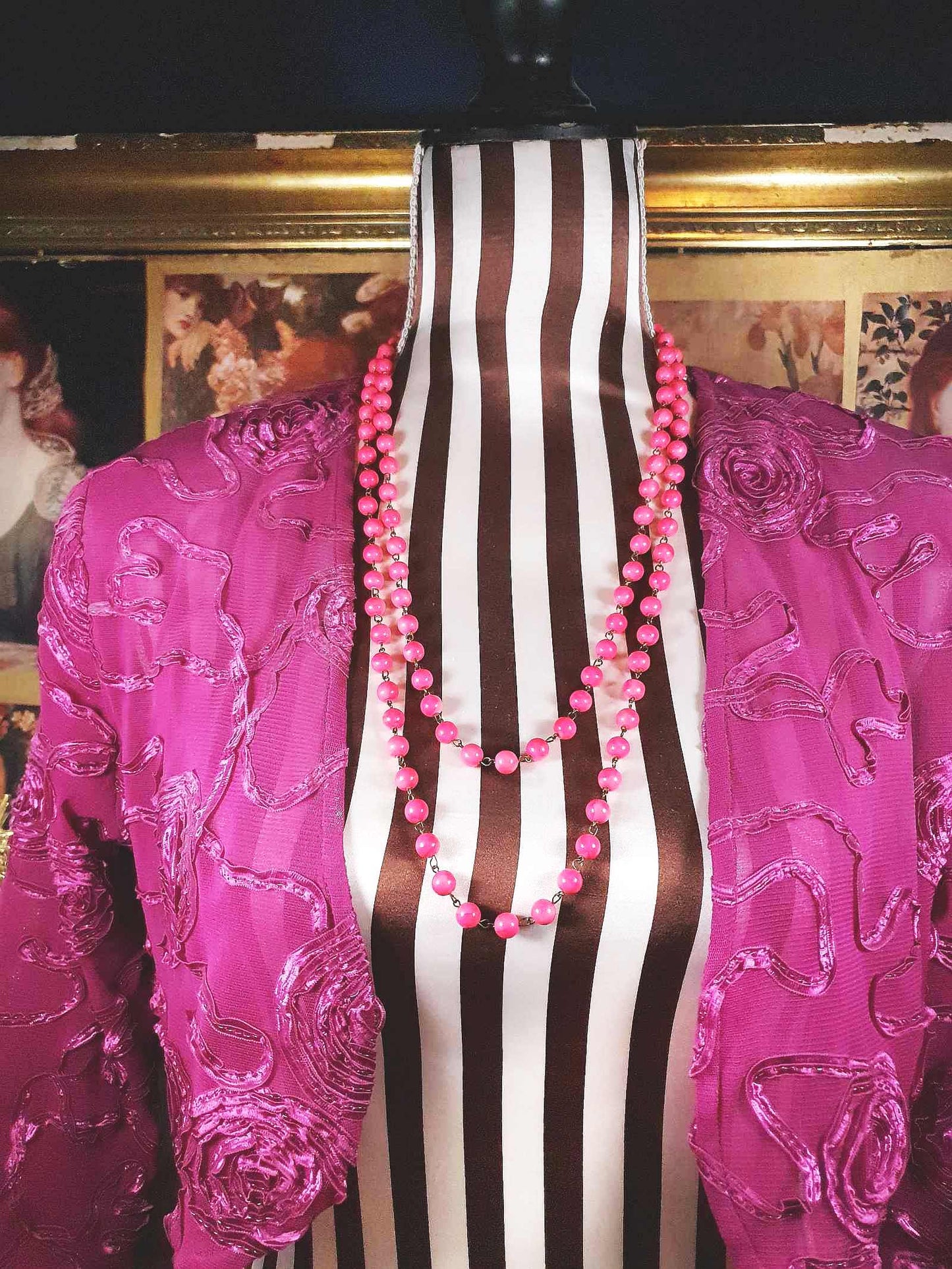 Vintage 1950s Pink Ceramic Bead Necklace 54" Longline Mid-Century