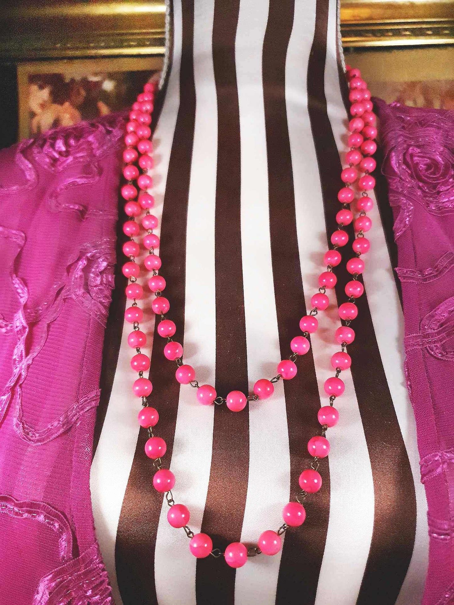 Vintage 1950s Pink Ceramic Bead Necklace 54" Longline Mid-Century