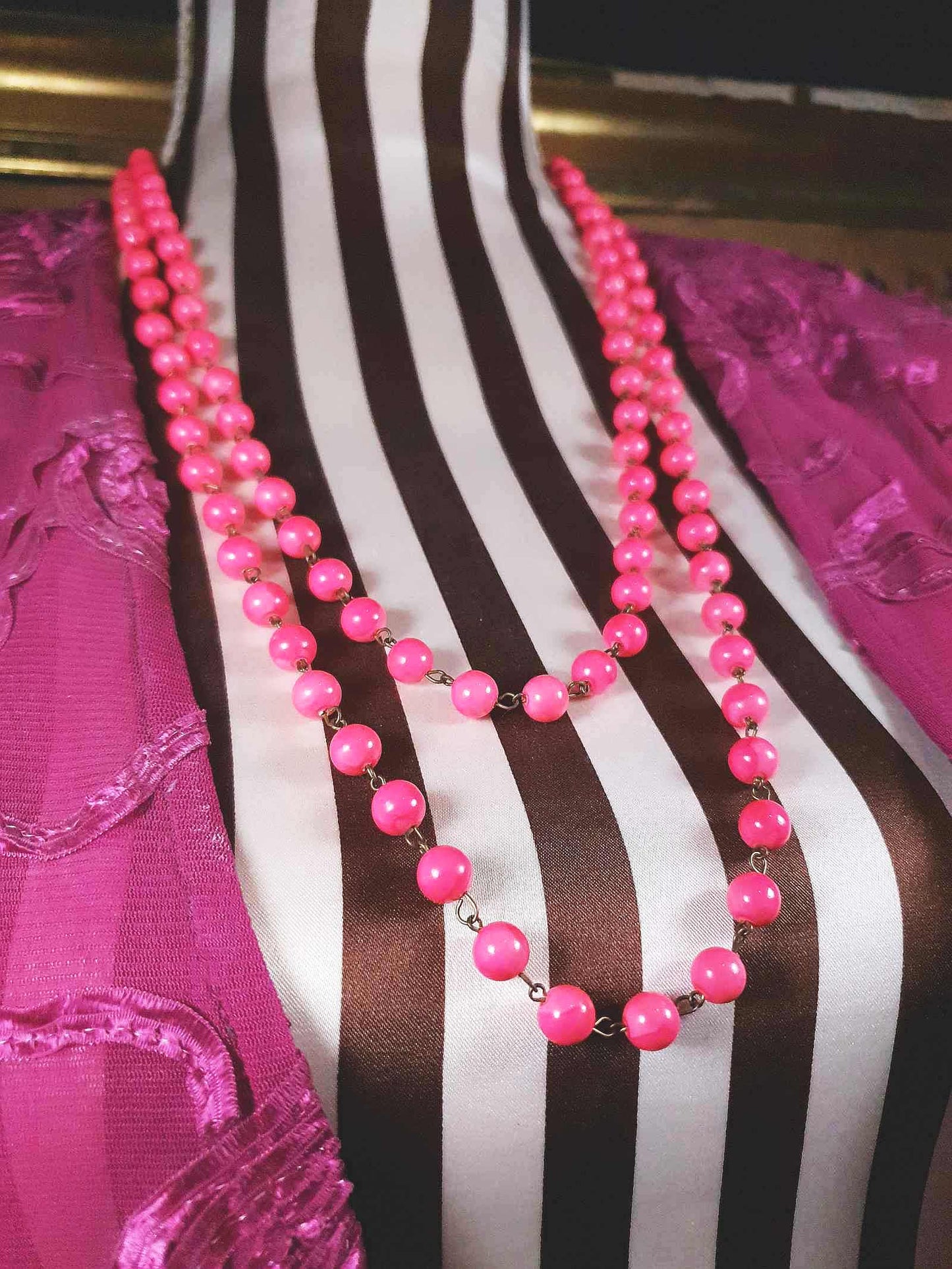 Vintage 1950s Pink Ceramic Bead Necklace 54" Longline Mid-Century