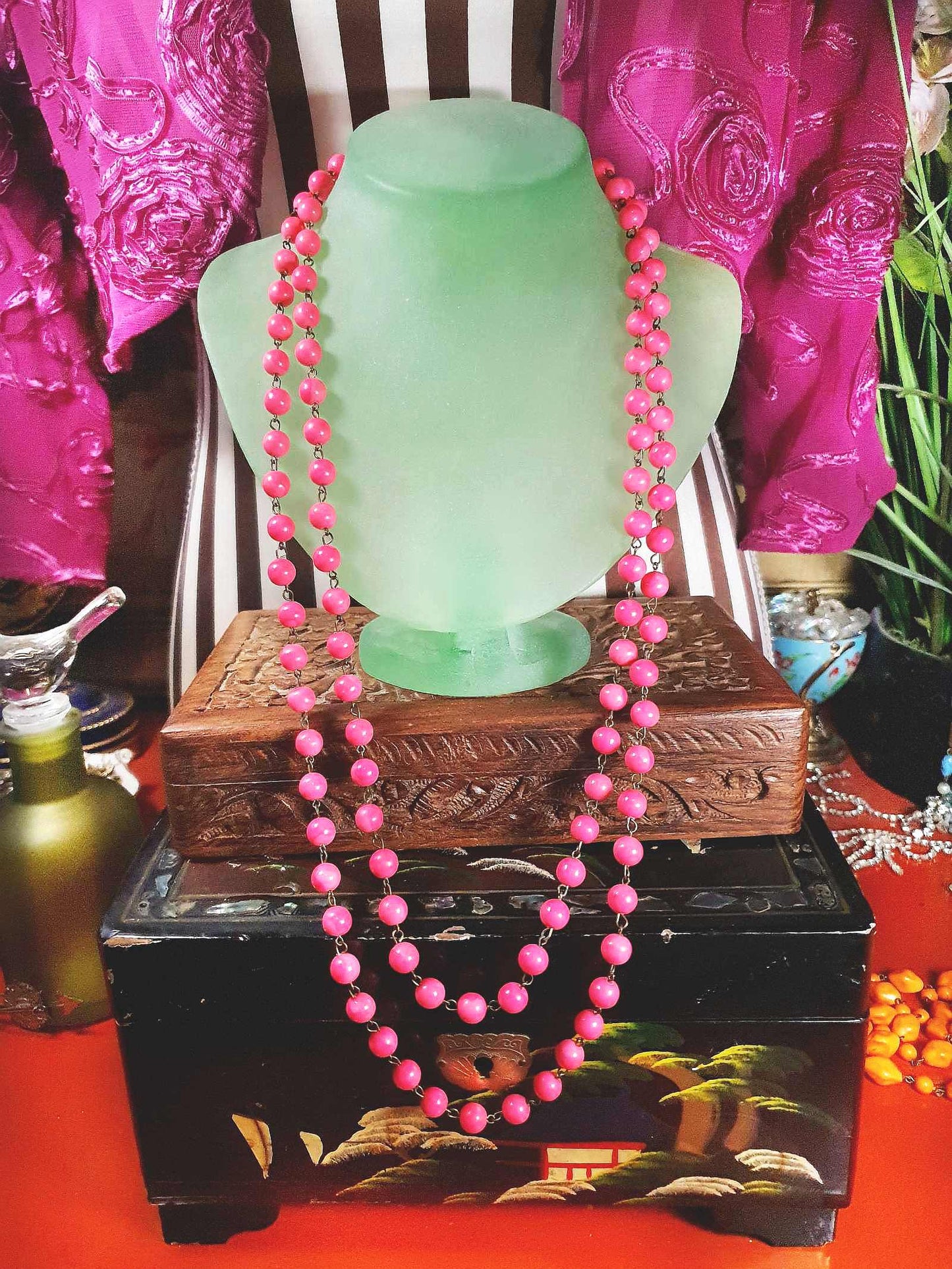 Vintage 1950s Pink Ceramic Bead Necklace 54" Longline Mid-Century