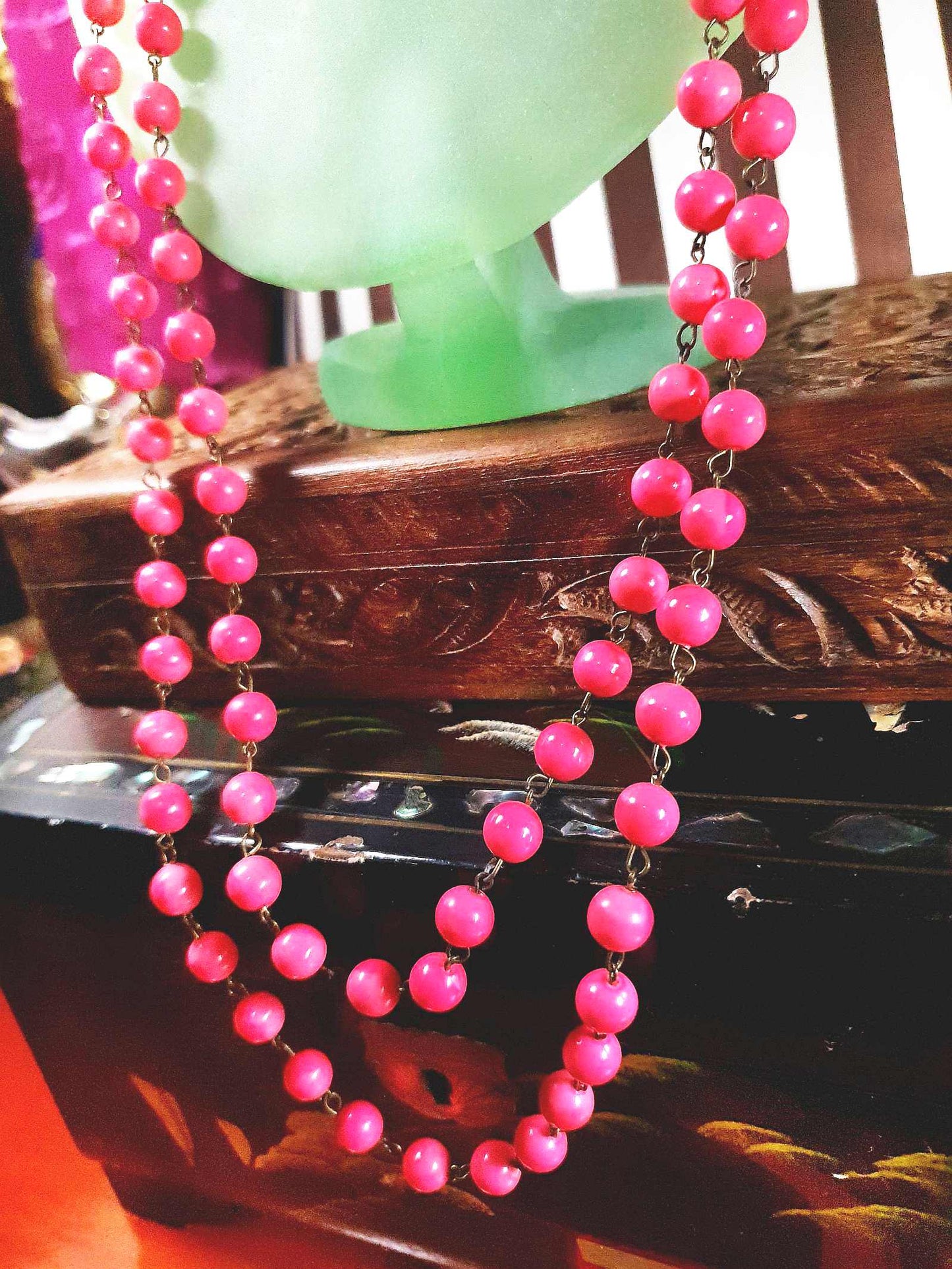 Vintage 1950s Pink Ceramic Bead Necklace 54" Longline Mid-Century