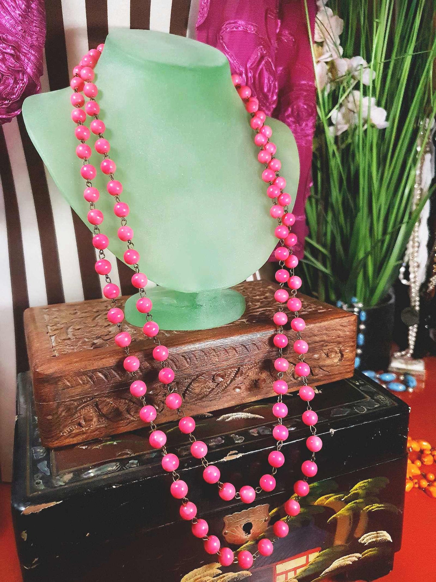 Vintage 1950s Pink Ceramic Bead Necklace 54" Longline Mid-Century