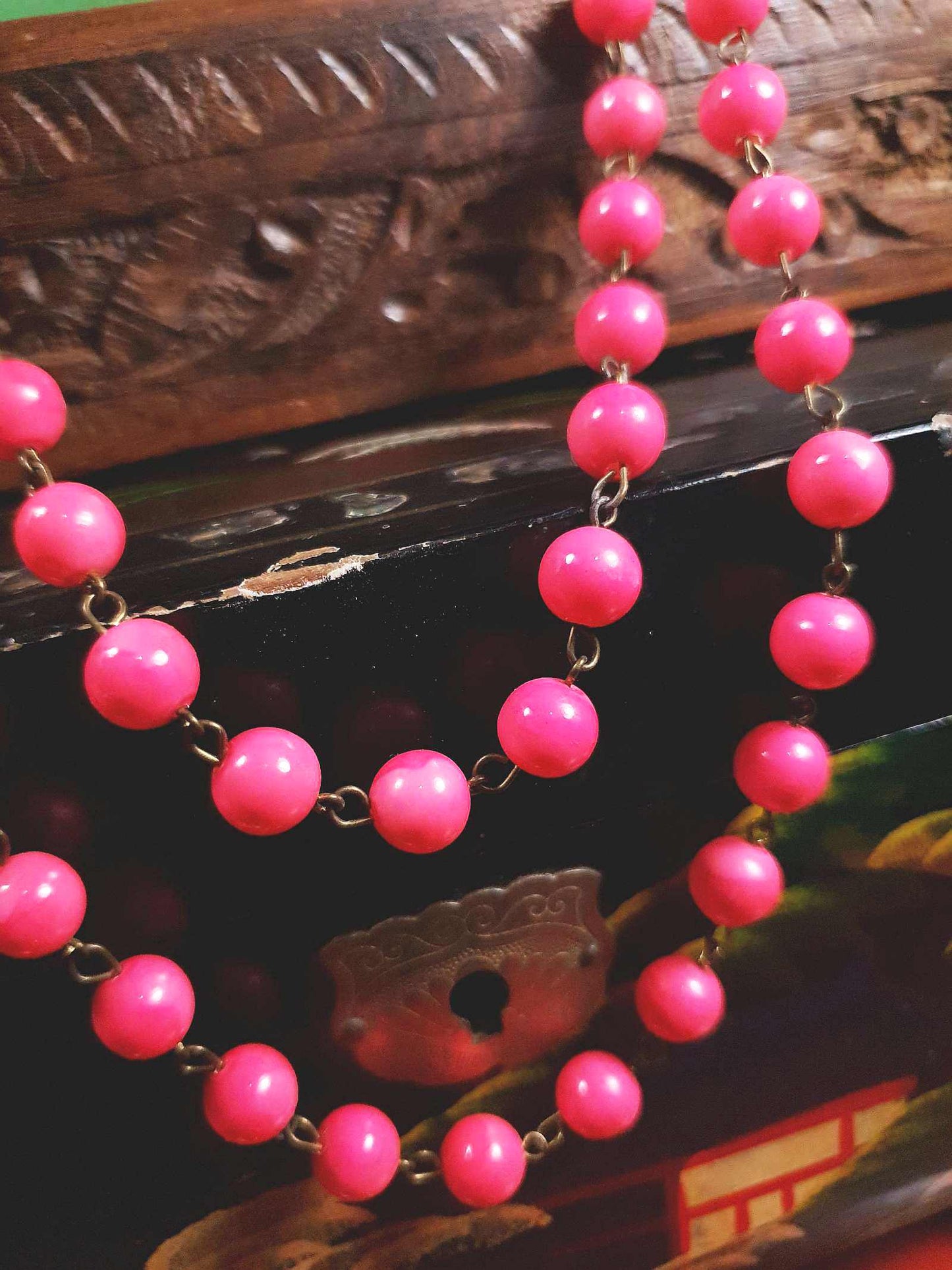 Vintage 1950s Pink Ceramic Bead Necklace 54" Longline Mid-Century