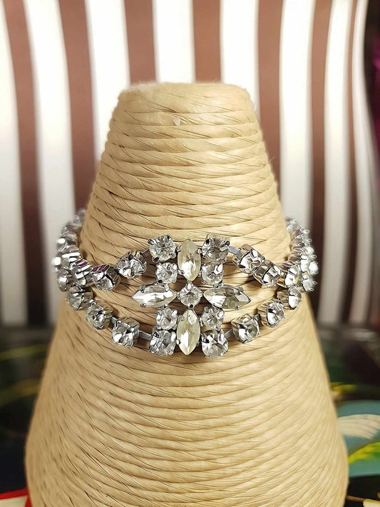 Vintage 1950s Rhinestone Bracelet Flower Floral Mid-Century