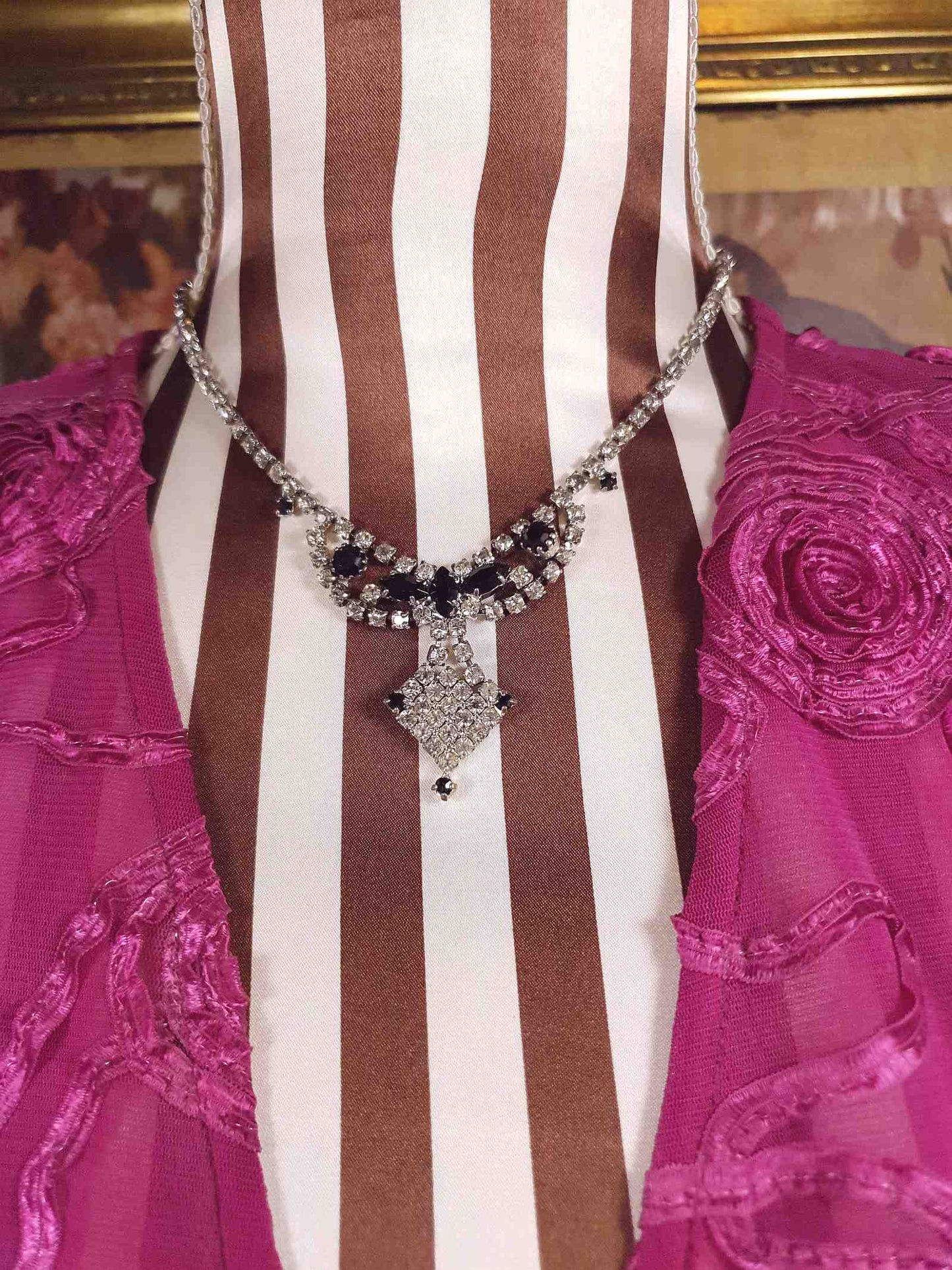 Vintage 1950s Rhinestone Necklace Clear Black Mid-Century