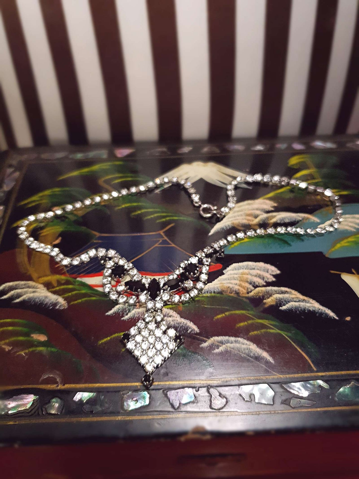 Vintage 1950s Rhinestone Necklace Clear Black Mid-Century