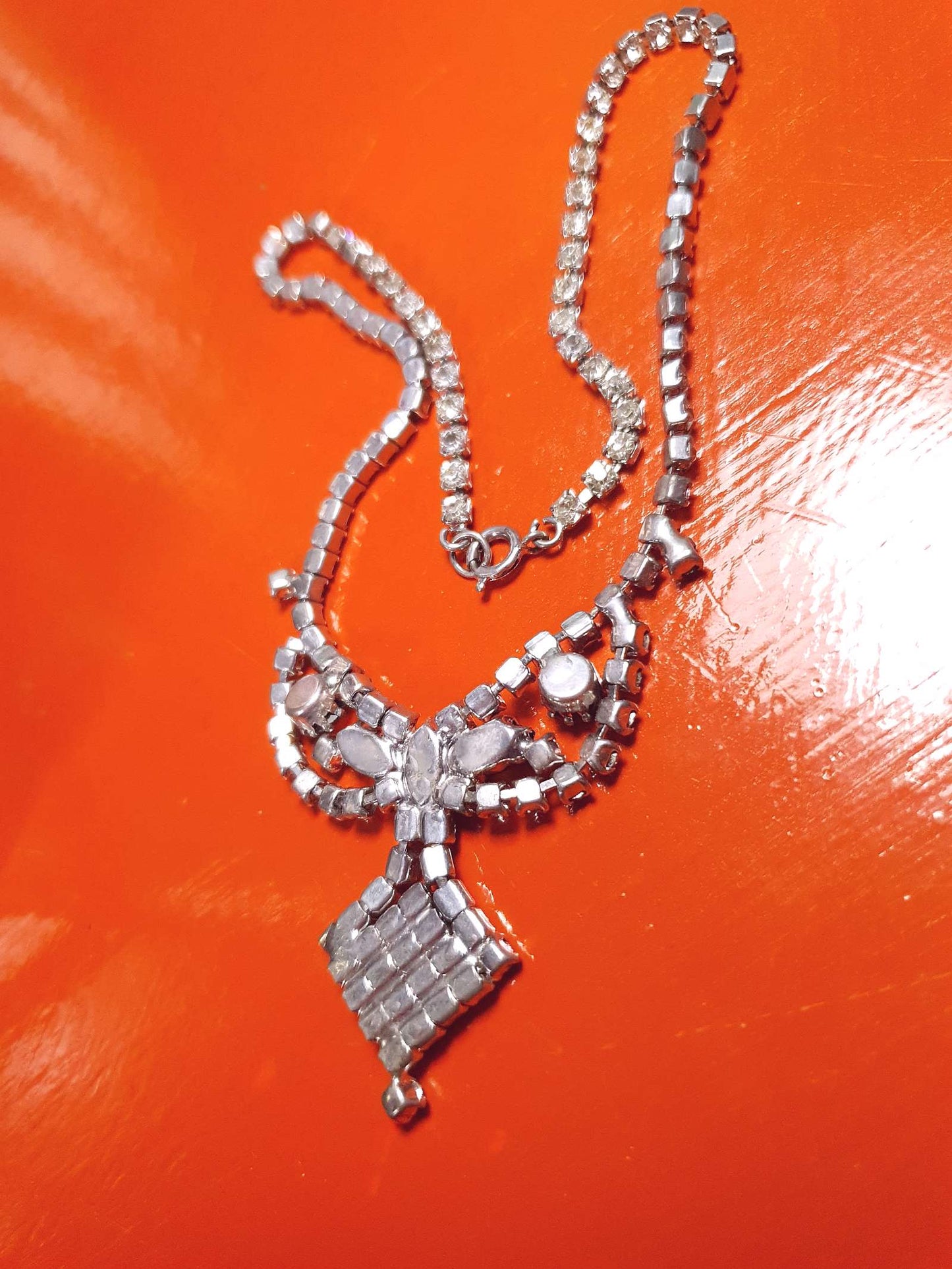 Vintage 1950s Rhinestone Necklace Clear Black Mid-Century