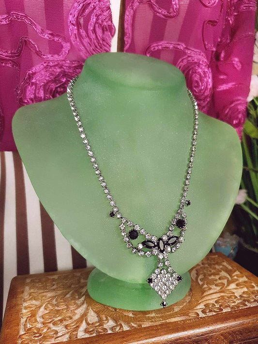 Vintage 1950s Rhinestone Necklace Clear Black Mid-Century