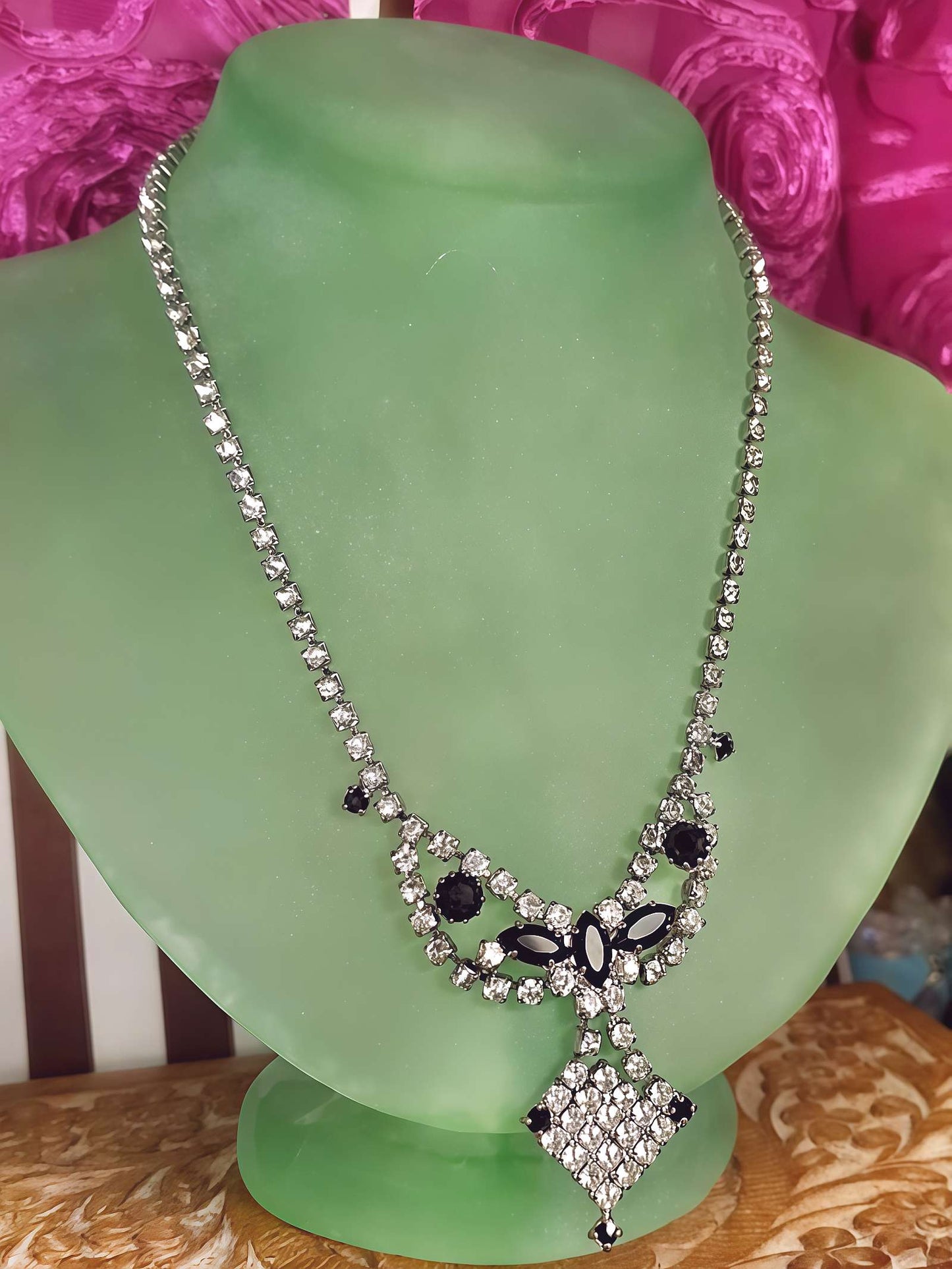 Vintage 1950s Rhinestone Necklace Clear Black Mid-Century