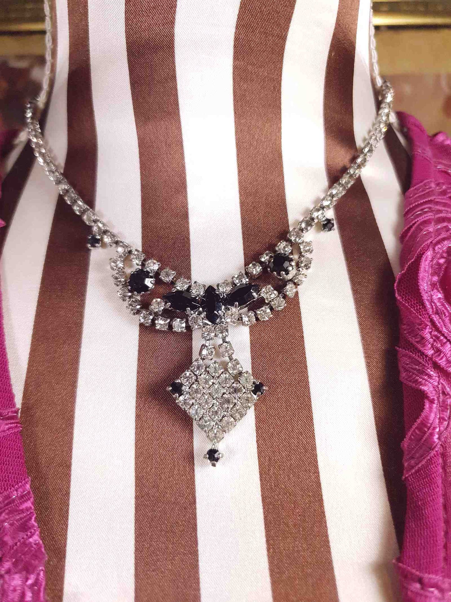 Vintage 1950s Rhinestone Necklace Clear Black Mid-Century