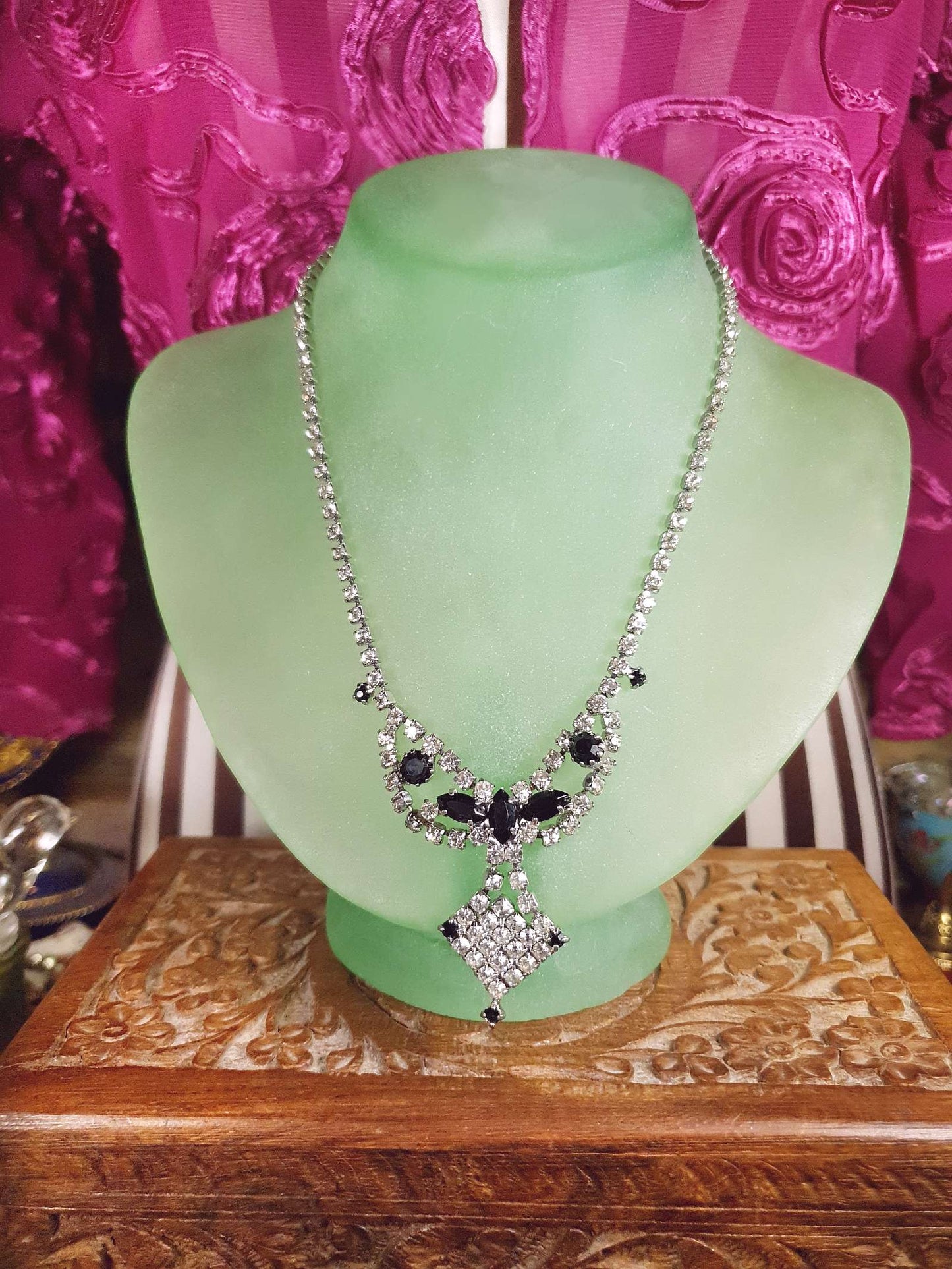 Vintage 1950s Rhinestone Necklace Clear Black Mid-Century