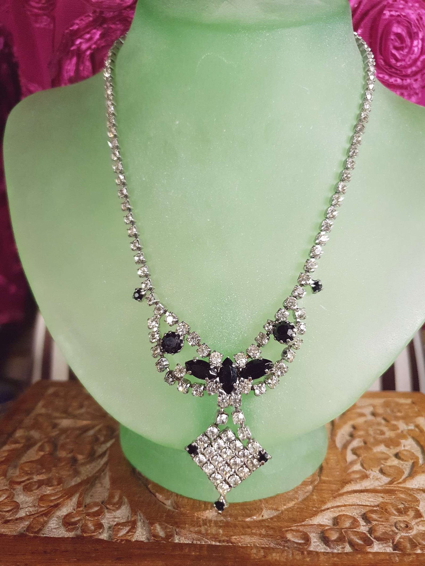 Vintage 1950s Rhinestone Necklace Clear Black Mid-Century