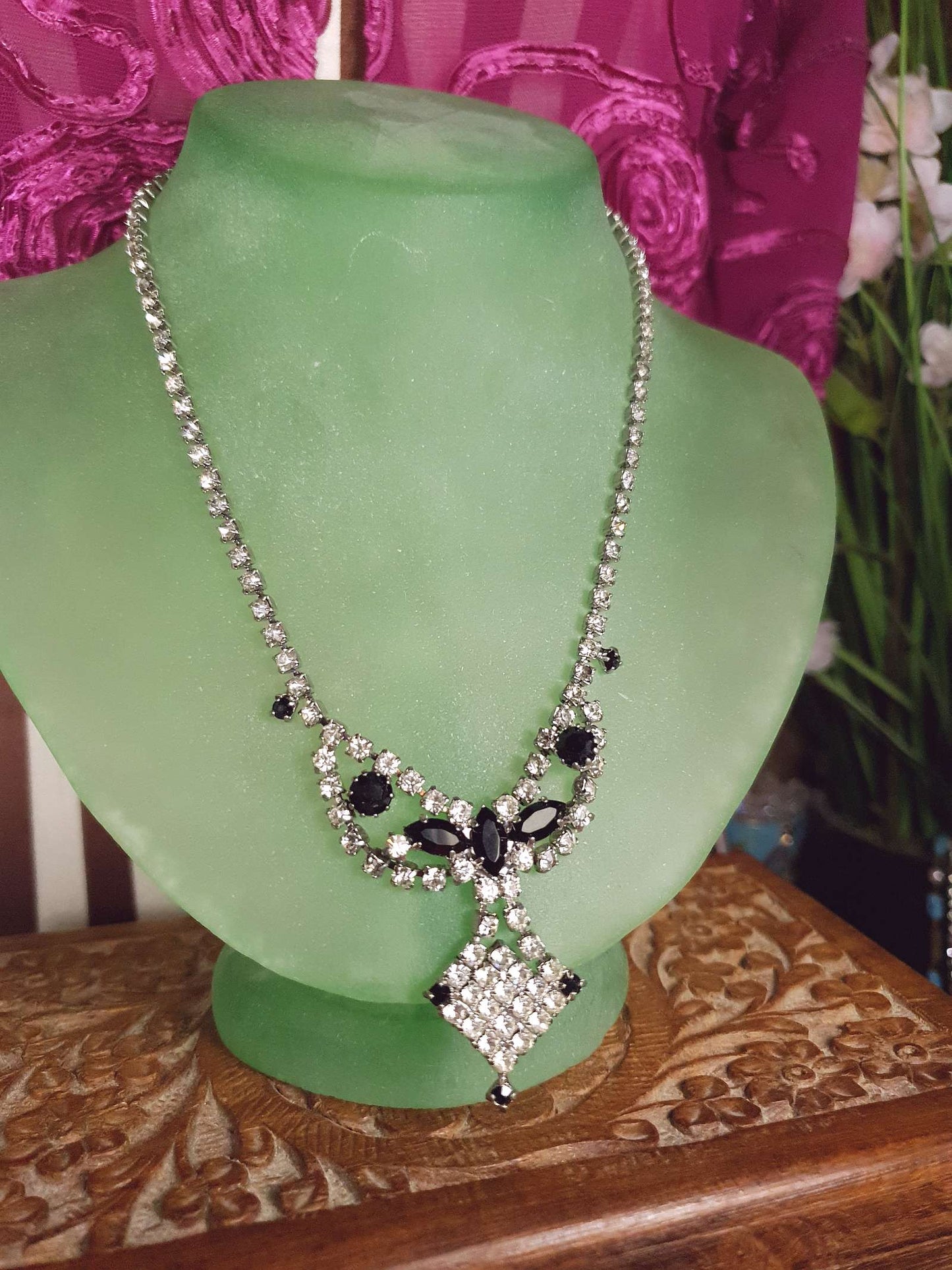 Vintage 1950s Rhinestone Necklace Clear Black Mid-Century