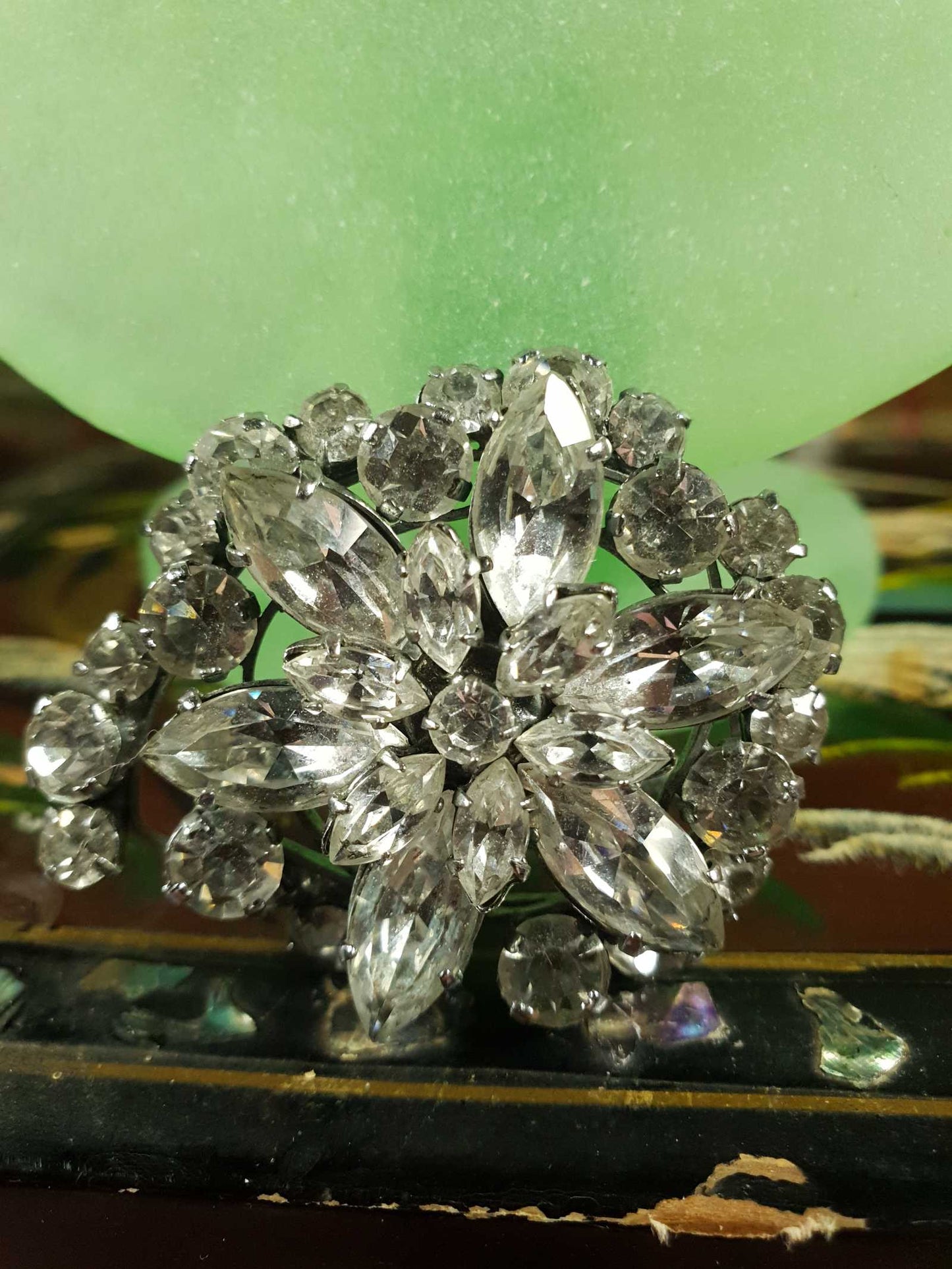 Vintage 1950s Rhinestone Flower Brooch Silver Tone Diamante Pin Clear