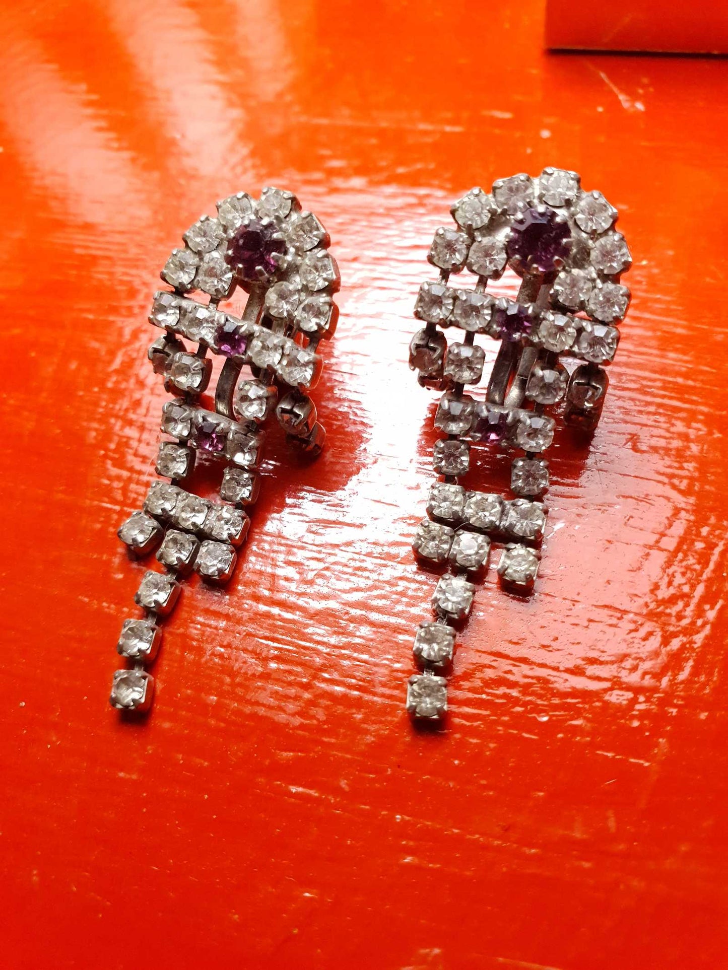 Vintage 1950s Rhinestone Dangle Earrings Drop Diamante Leverback