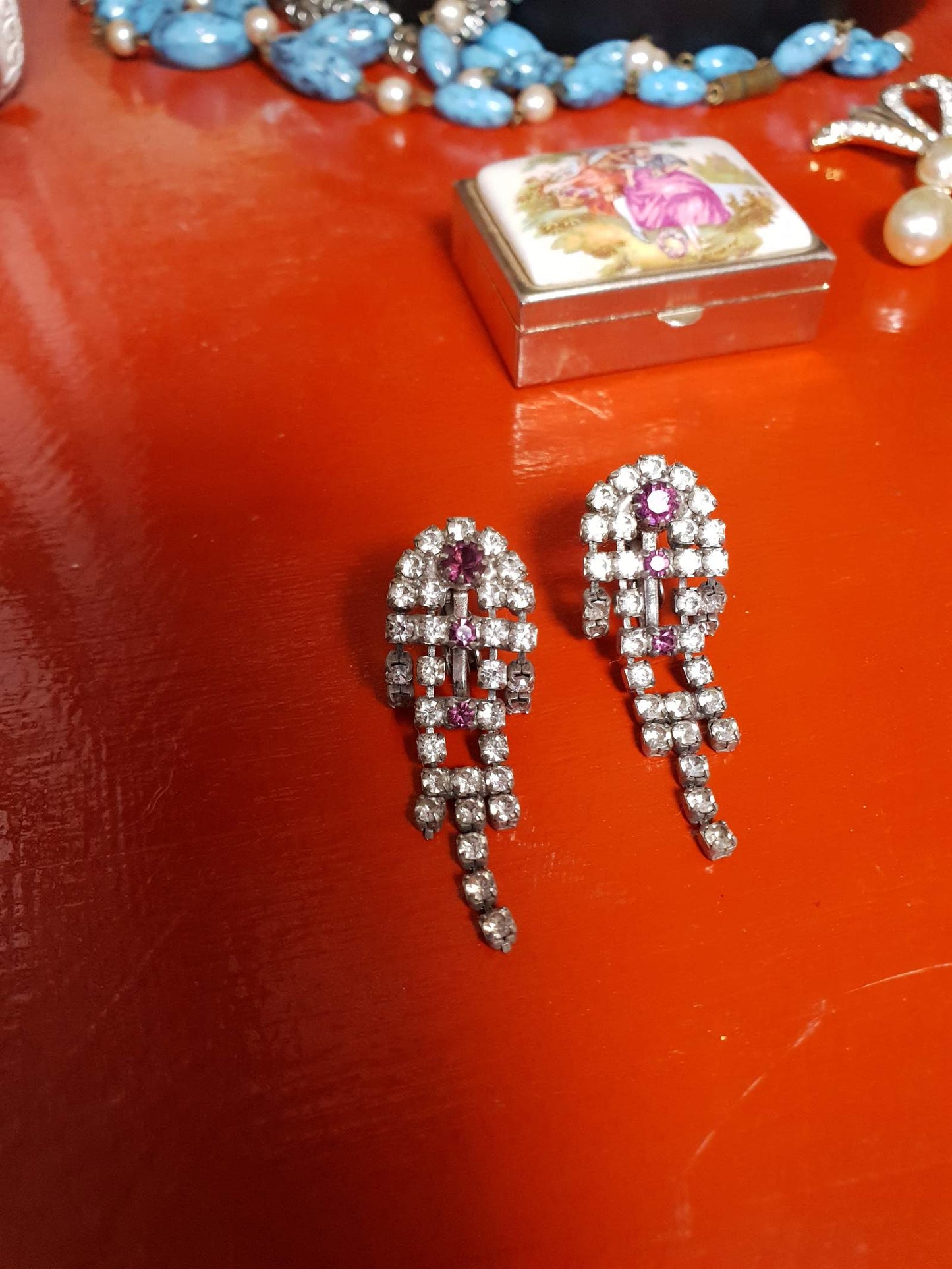 Vintage 1950s Rhinestone Dangle Earrings Drop Diamante Leverback