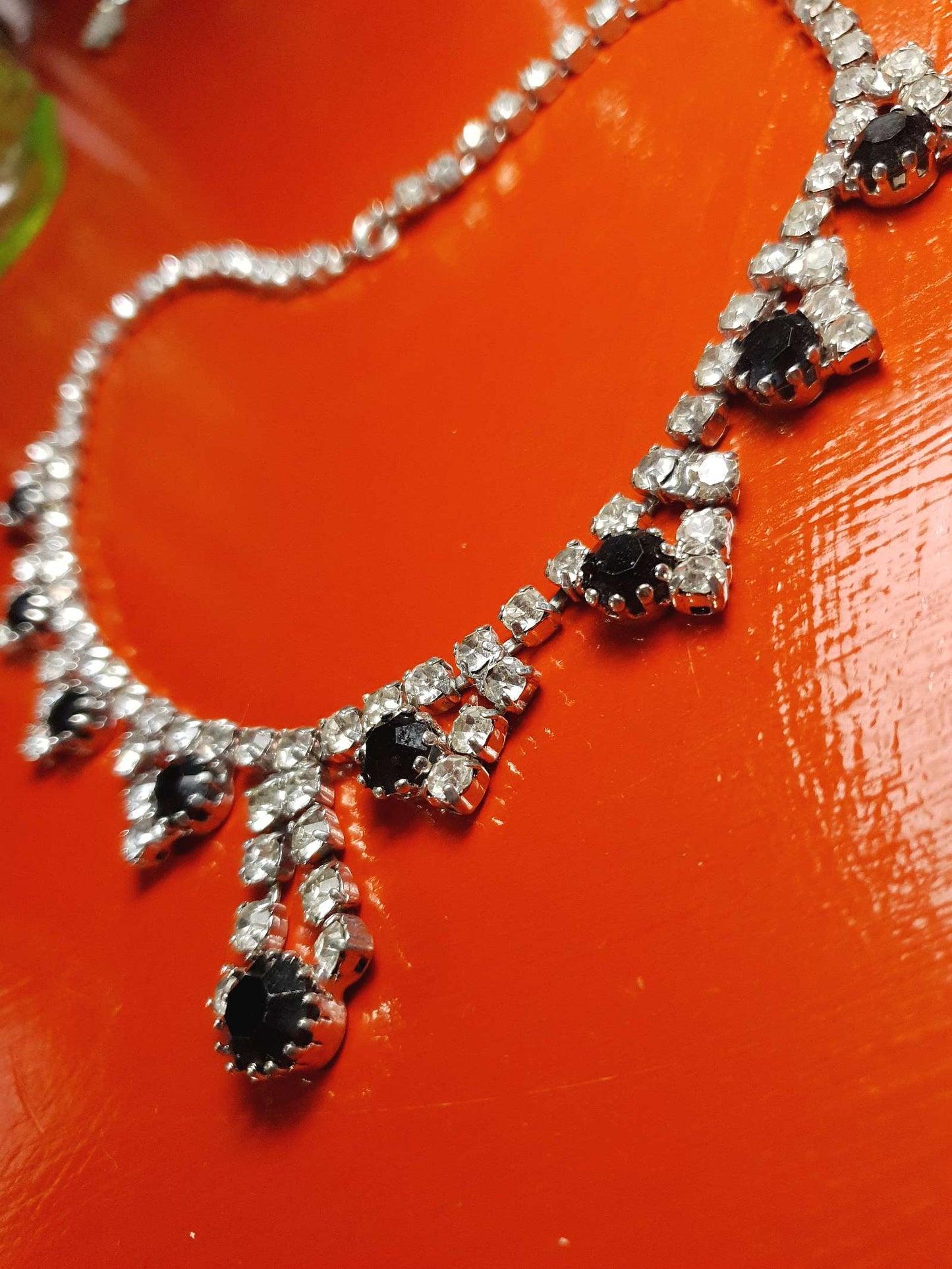 Vintage 1950s Rhinestone Necklace 15.5" Clear Black Mid-Century