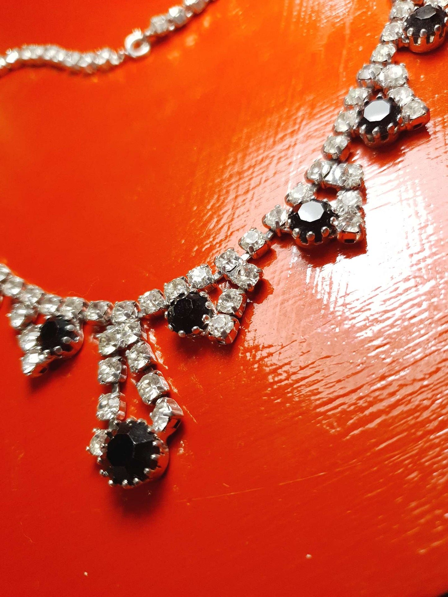 Vintage 1950s Rhinestone Necklace 15.5" Clear Black Mid-Century