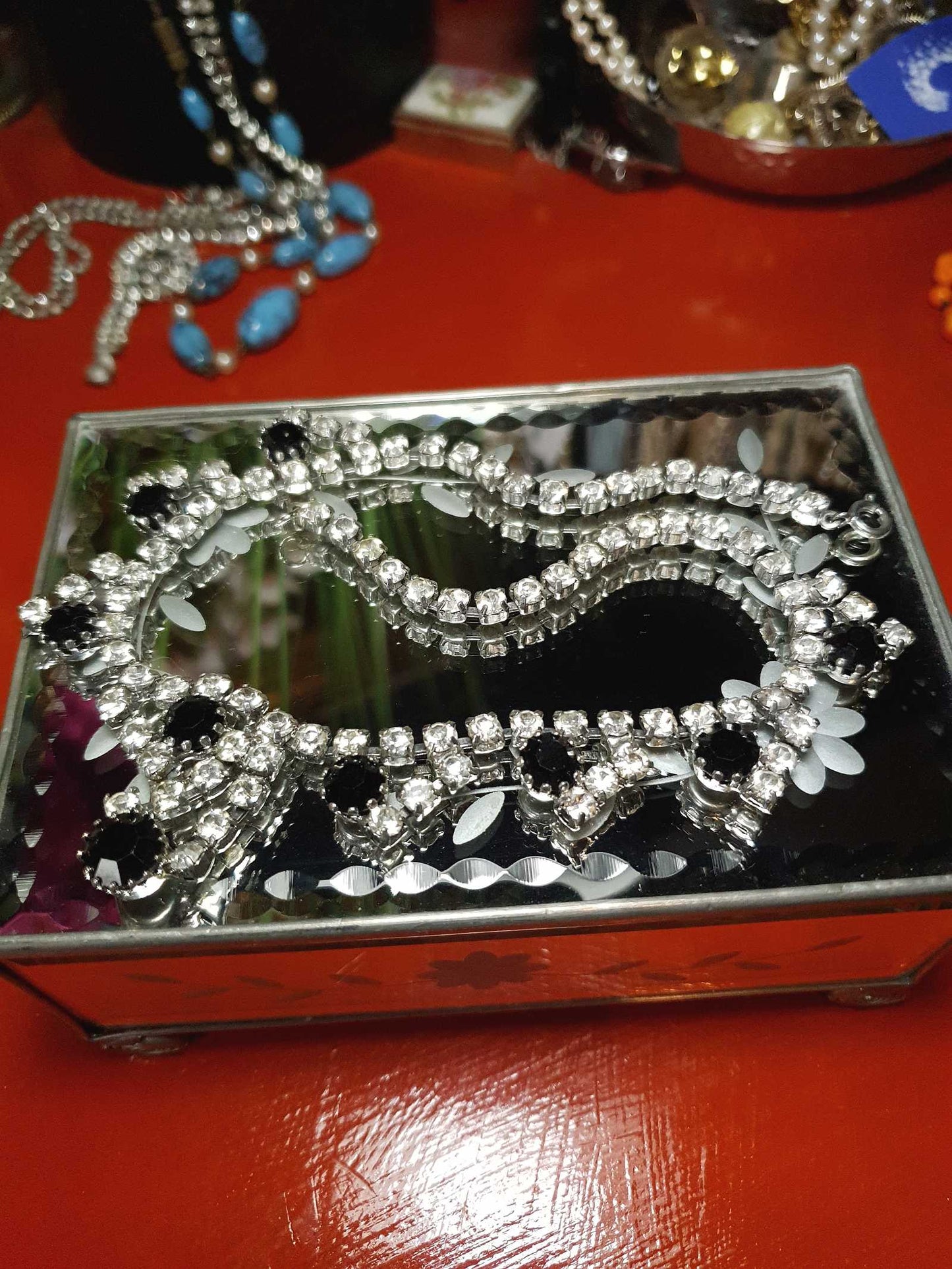 Vintage 1950s Rhinestone Necklace 15.5" Clear Black Mid-Century