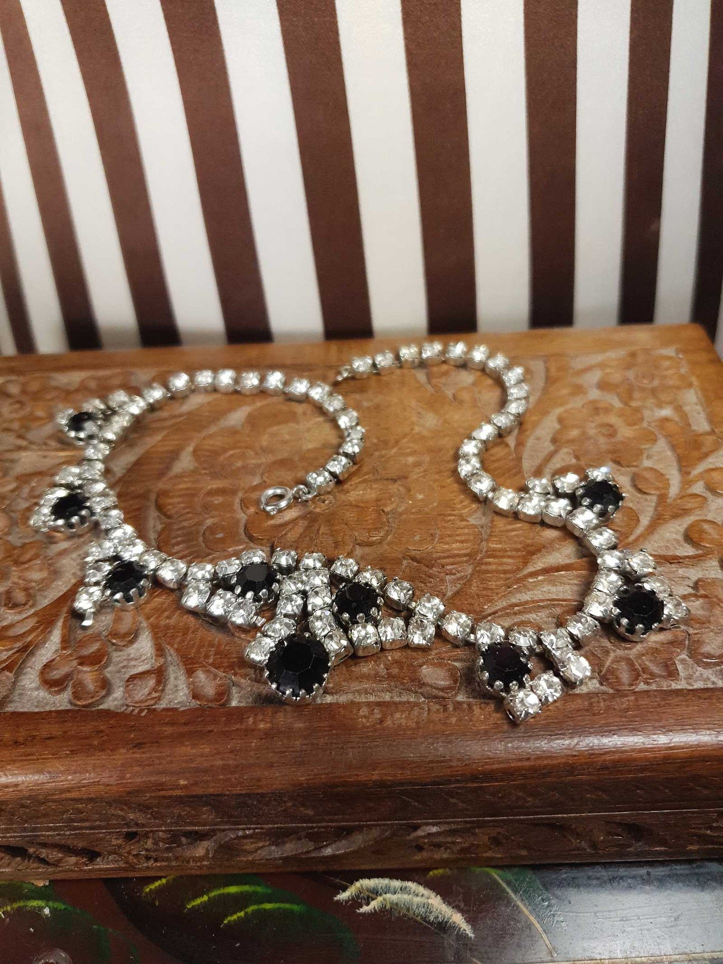 Vintage 1950s Rhinestone Necklace 15.5" Clear Black Mid-Century