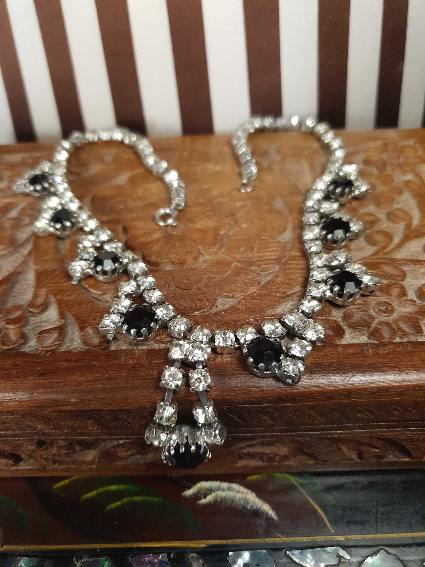 Vintage 1950s Rhinestone Necklace 15.5" Clear Black Mid-Century