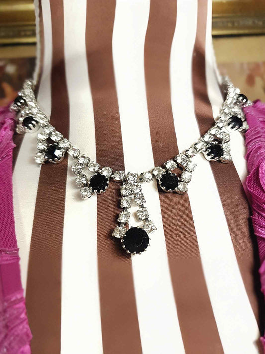 Vintage 1950s Rhinestone Necklace 15.5" Clear Black Mid-Century