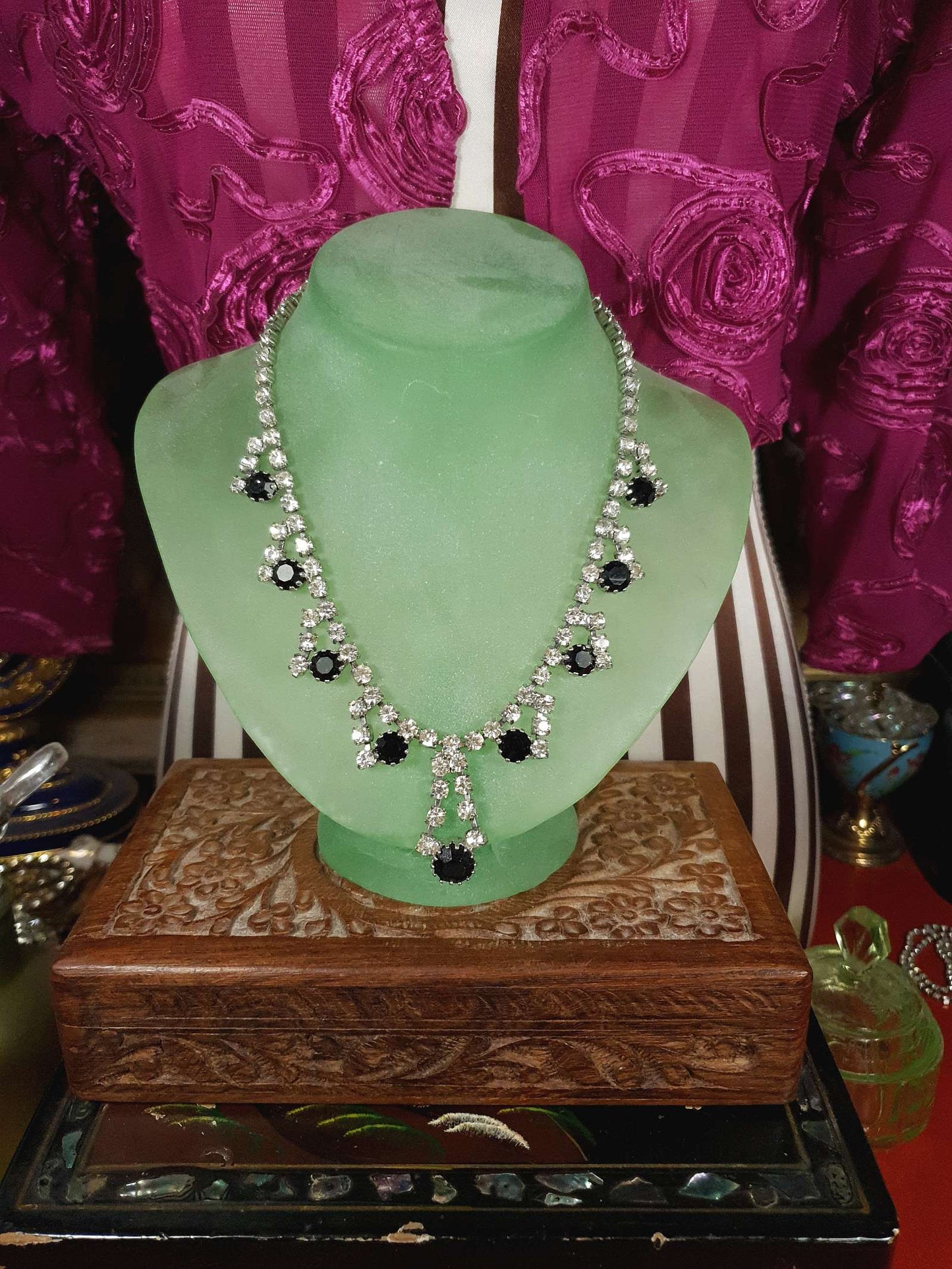 Vintage 1950s Rhinestone Necklace 15.5" Clear Black Mid-Century