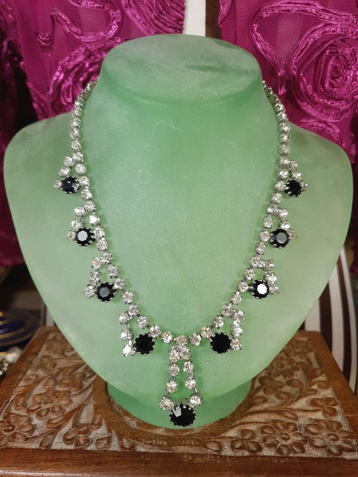 Vintage 1950s Rhinestone Necklace 15.5" Clear Black Mid-Century