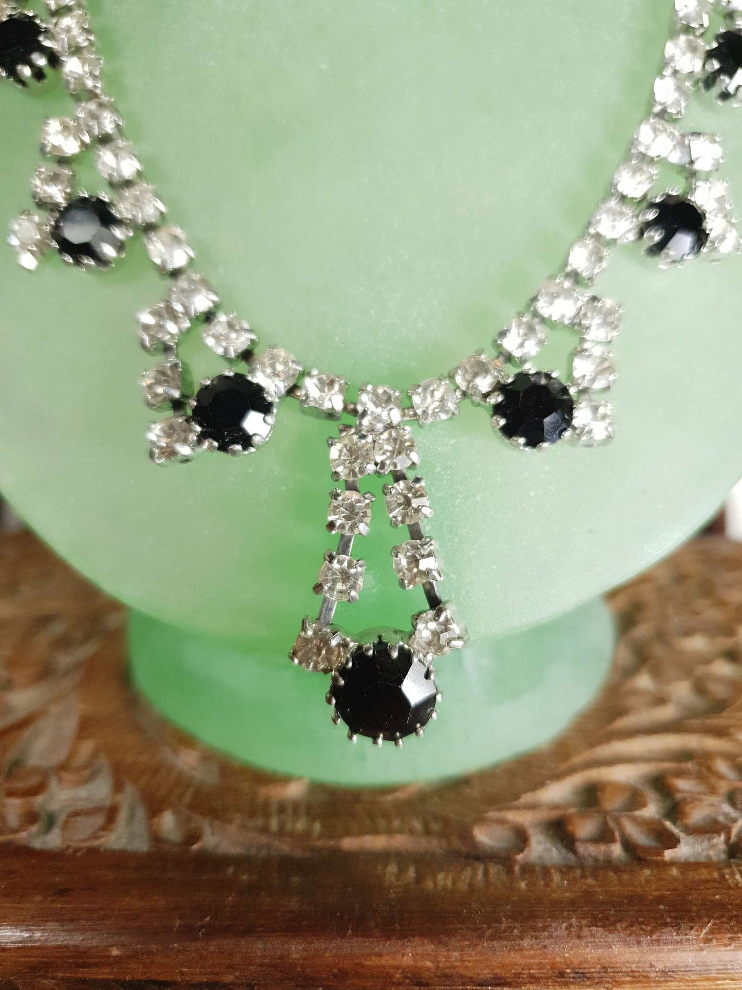 Vintage 1950s Rhinestone Necklace 15.5" Clear Black Mid-Century