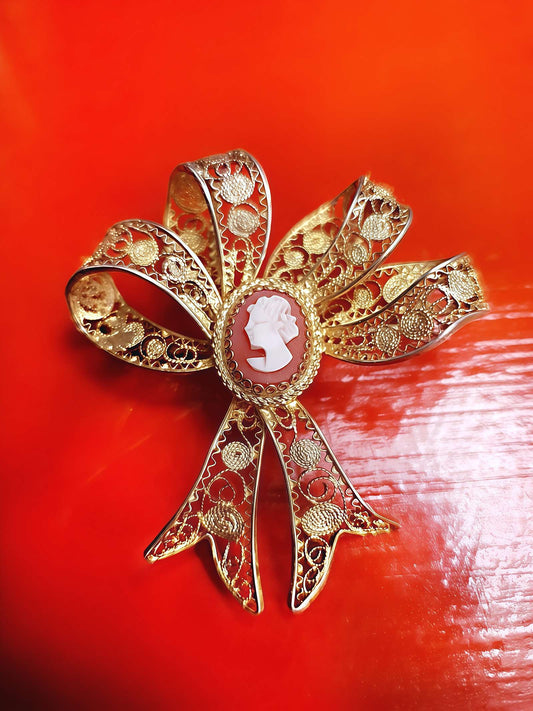Vintage 1950s Silver Filigree Bow Cameo Brooch Vermeil Mid-Century