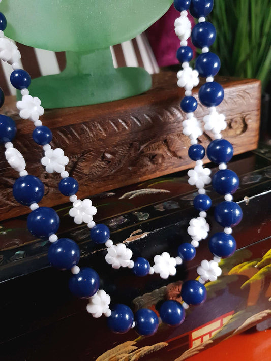 Vintage 1960s Navy White Necklace 25" Flower Floral Two Strand