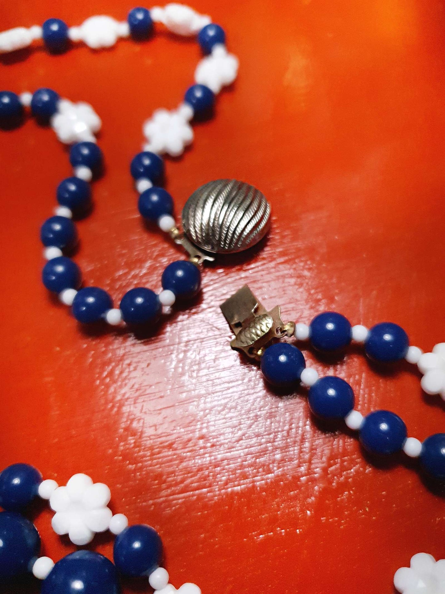 Vintage 1960s Navy White Necklace 25" Flower Floral Two Strand