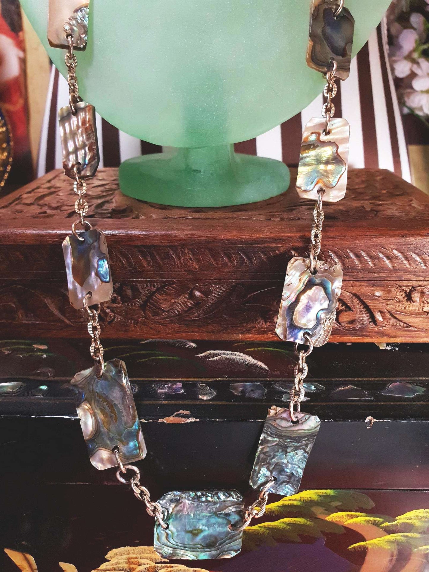 Vintage Abalone Shell Necklace 28.5" 1960s Paua Gold-Tone
