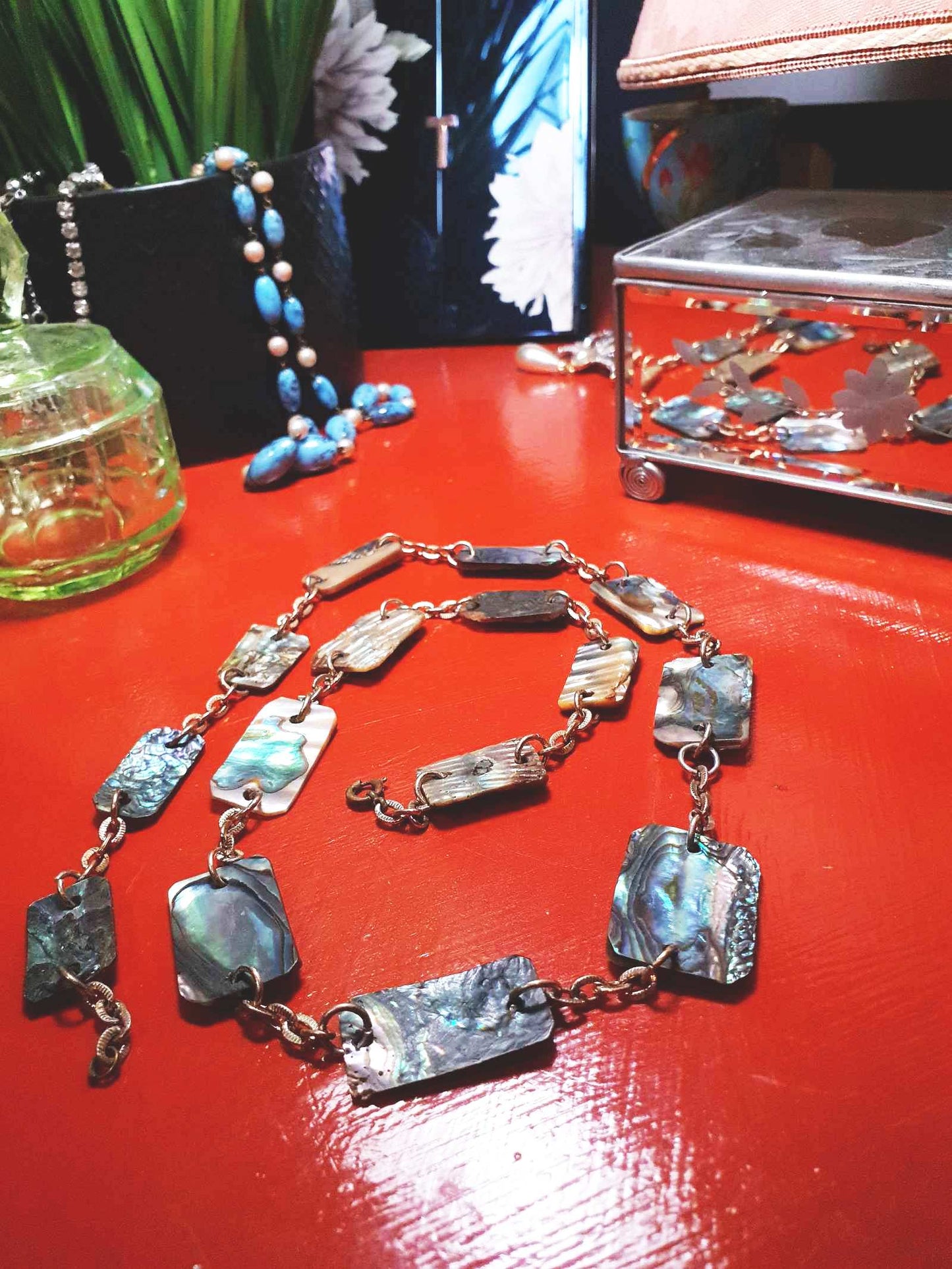 Vintage Abalone Shell Necklace 28.5" 1960s Paua Gold-Tone