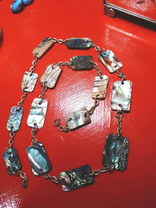 Vintage Abalone Shell Necklace 28.5" 1960s Paua Gold-Tone