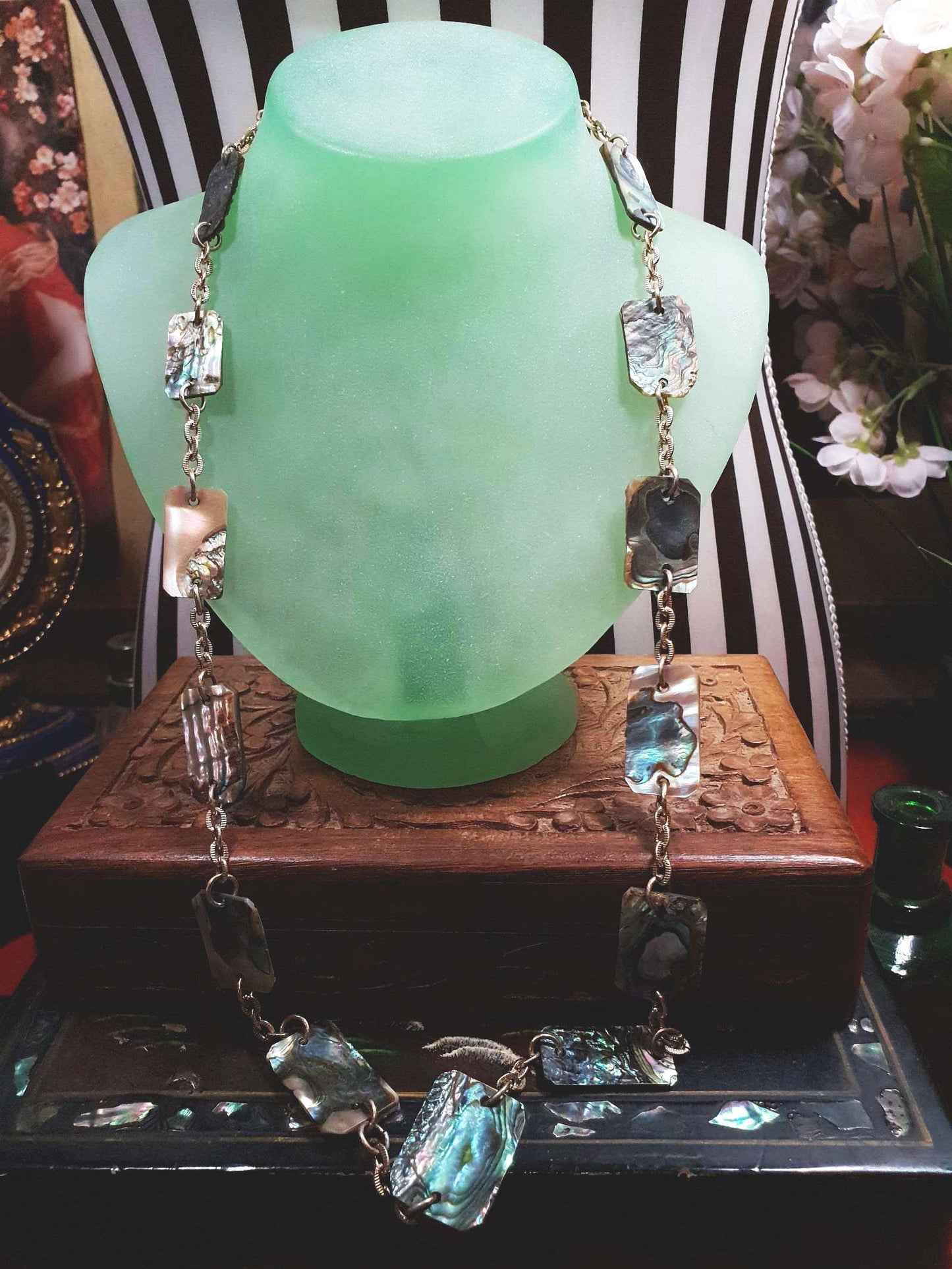 Vintage Abalone Shell Necklace 28.5" 1960s Paua Gold-Tone