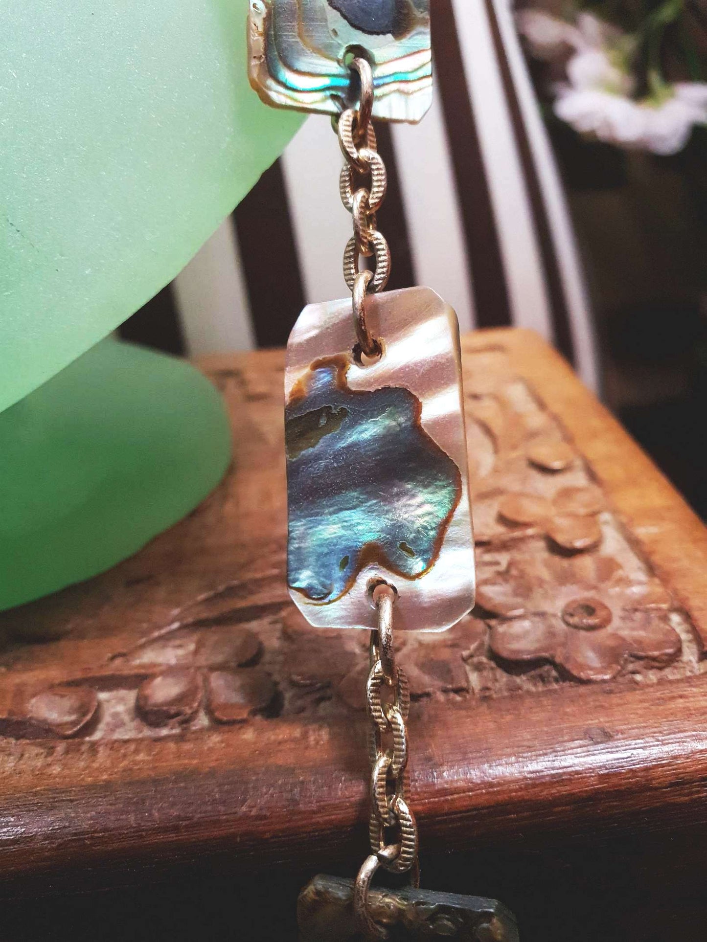 Vintage Abalone Shell Necklace 28.5" 1960s Paua Gold-Tone
