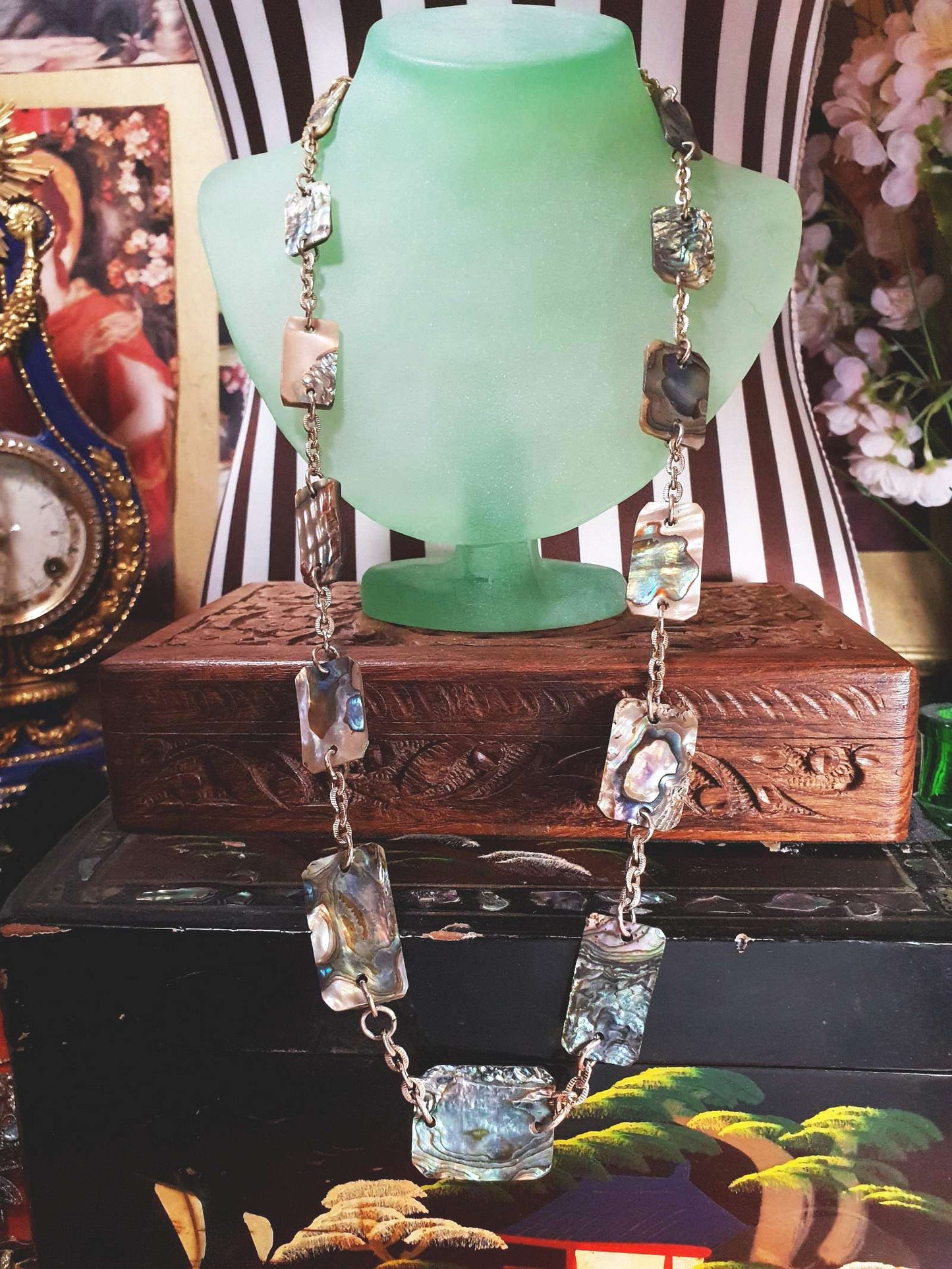 Vintage Abalone Shell Necklace 28.5" 1960s Paua Gold-Tone