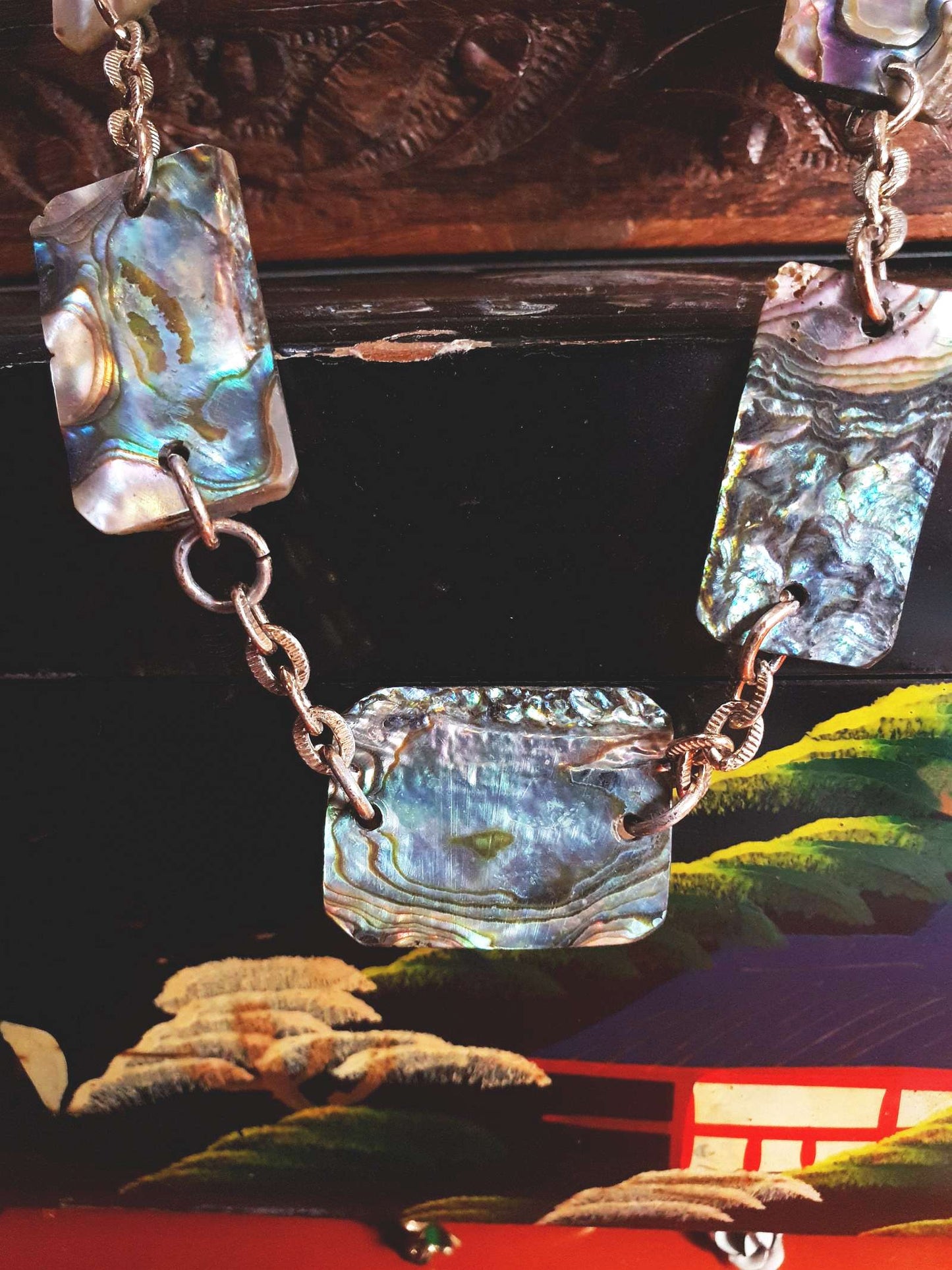 Vintage Abalone Shell Necklace 28.5" 1960s Paua Gold-Tone