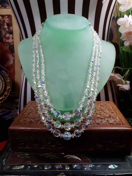 Vintage 1960s Aurora Borealis Crystal Necklace 20" AB Three Strand Rhinestone - Rare