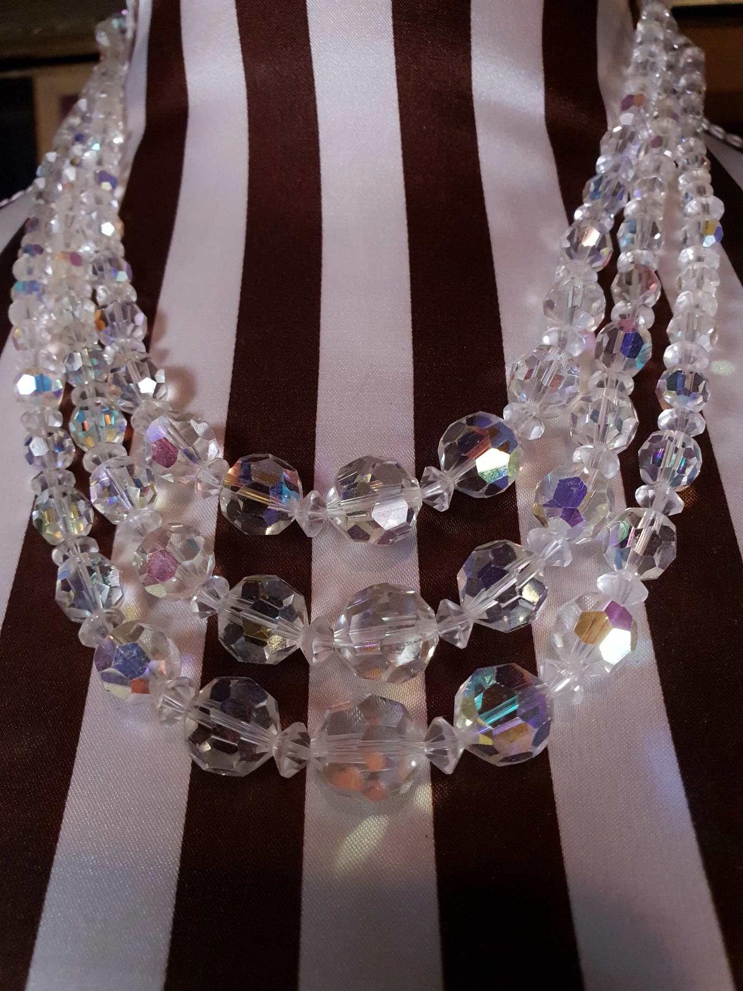 Vintage 1960s Aurora Borealis Crystal Necklace 20" AB Three Strand Rhinestone - Rare