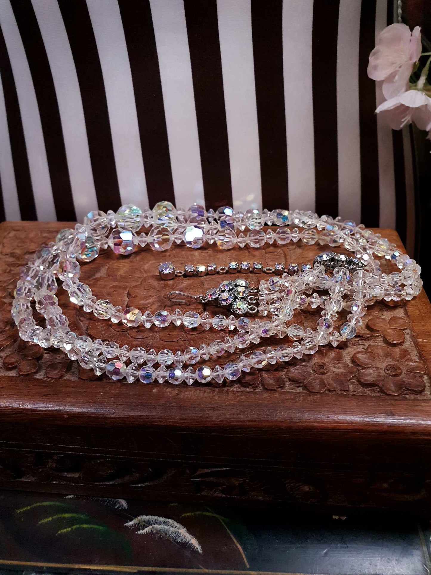 Vintage 1960s Aurora Borealis Crystal Necklace 20" AB Three Strand Rhinestone - Rare