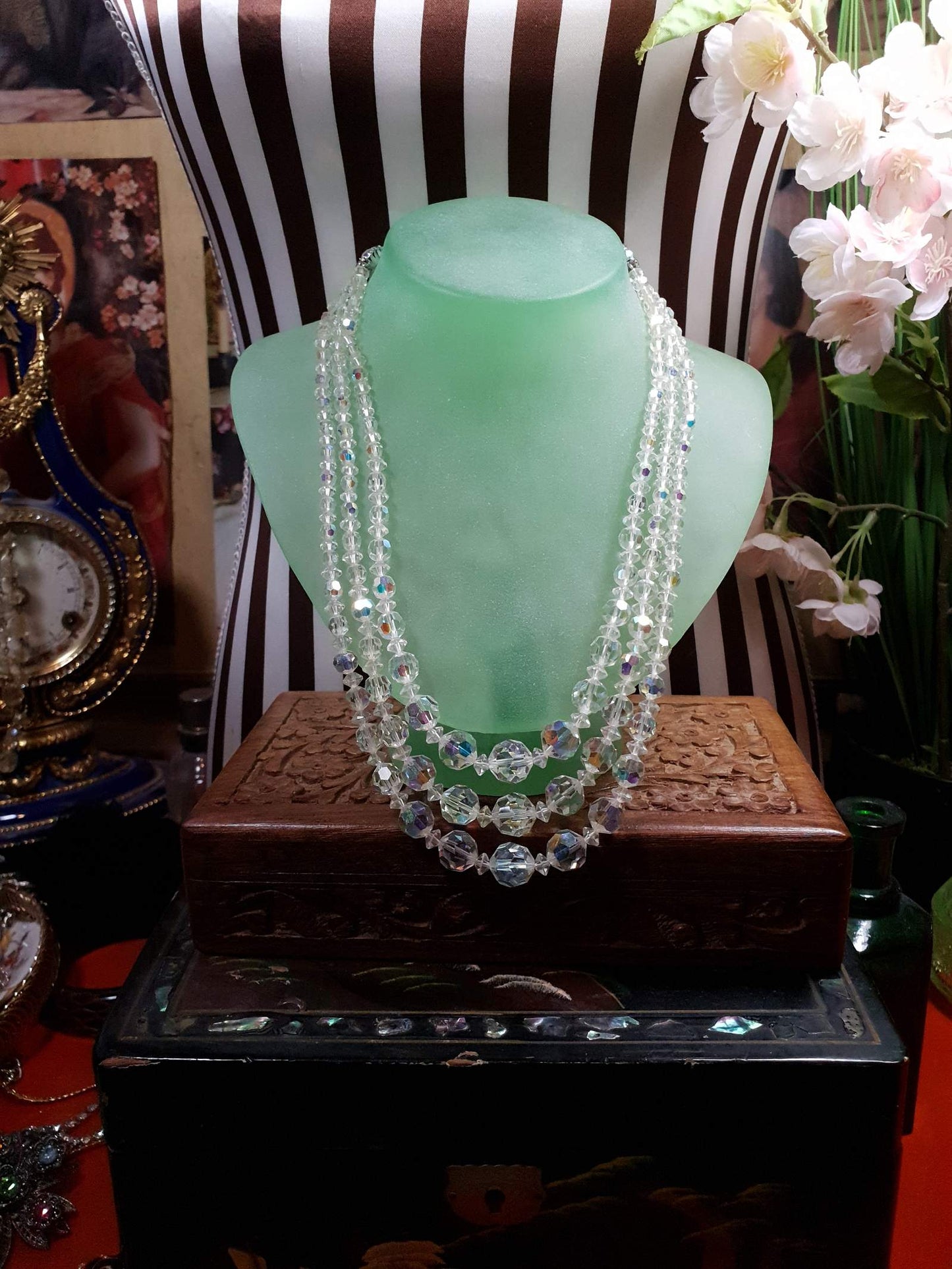 Vintage 1960s Aurora Borealis Crystal Necklace 20" AB Three Strand Rhinestone - Rare