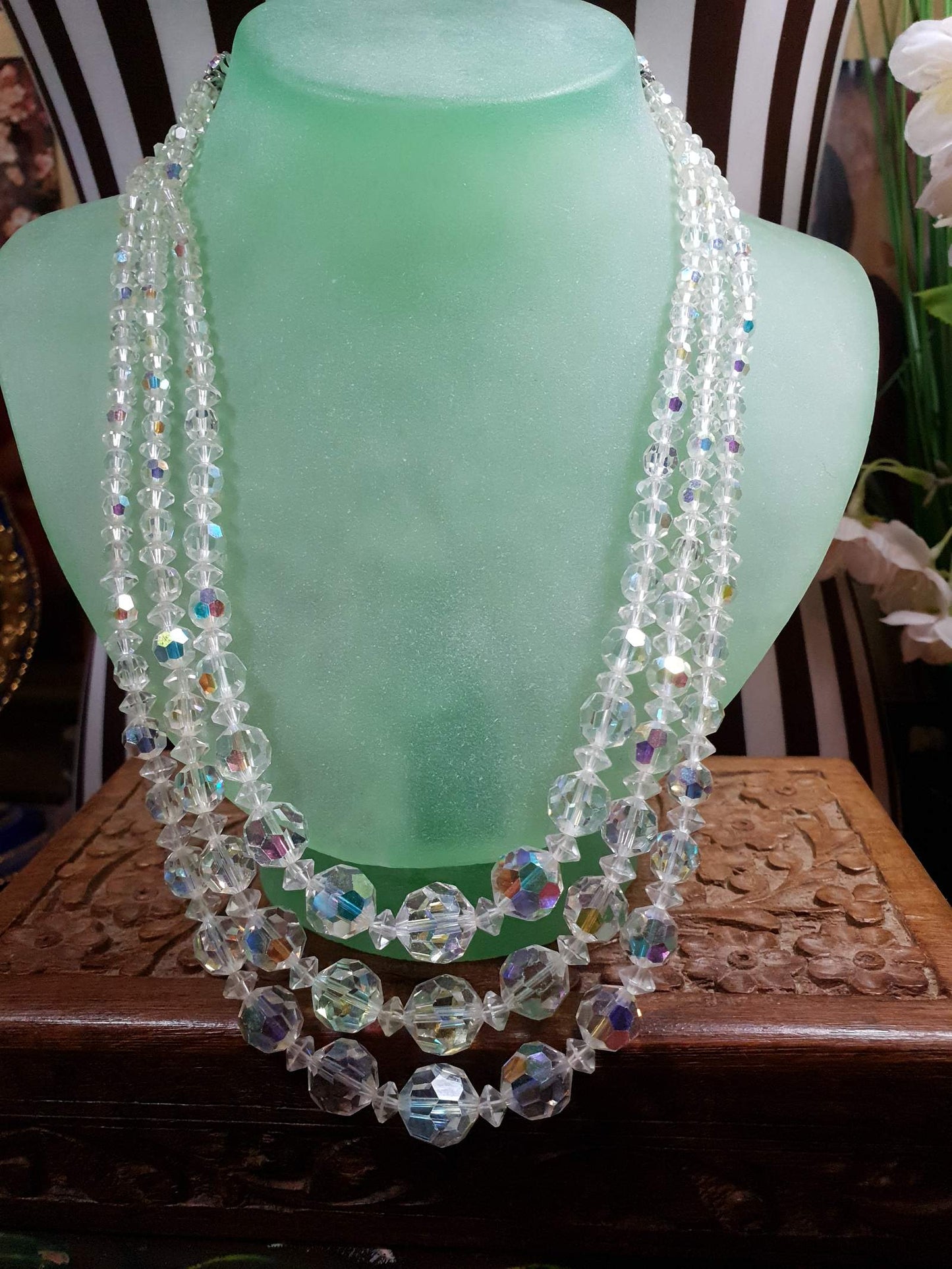 Vintage 1960s Aurora Borealis Crystal Necklace 20" AB Three Strand Rhinestone - Rare